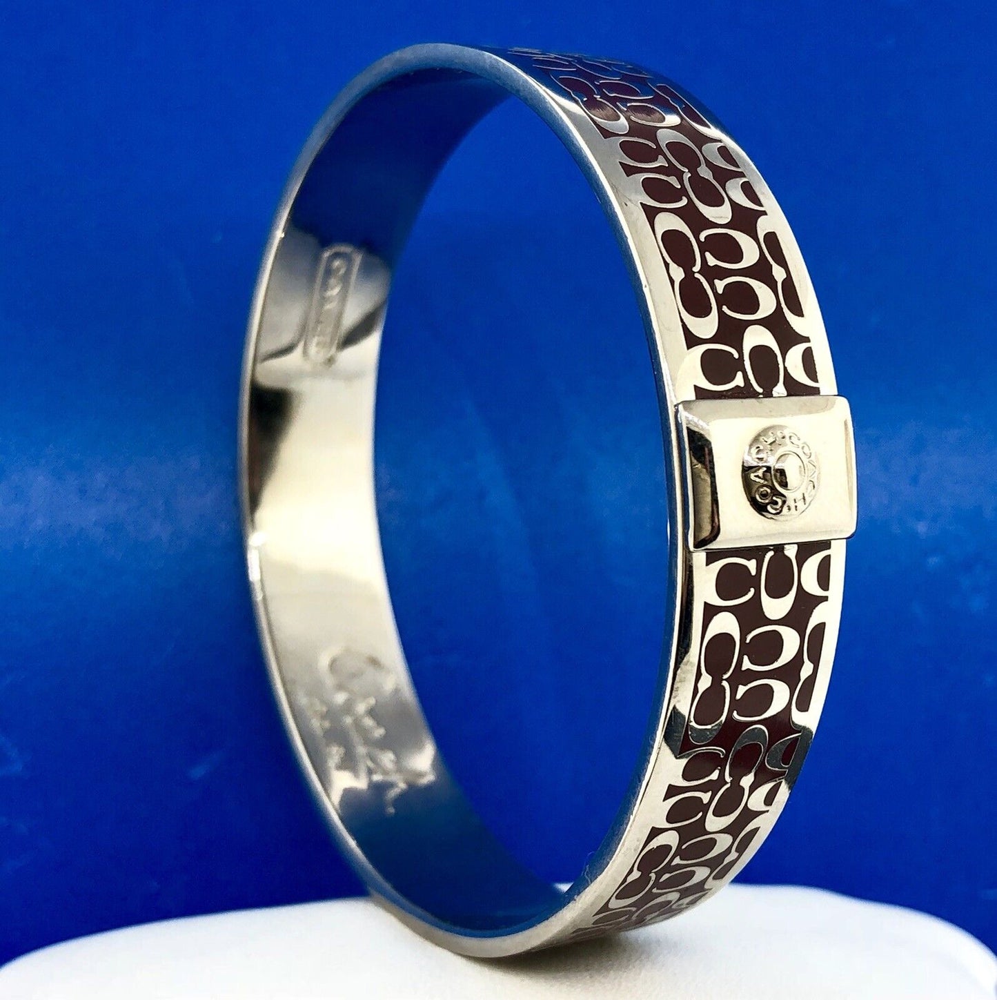 Authentic Coach Silver Tone Burgundy C Signature 1/2" Bangle Cuff Bracelet
