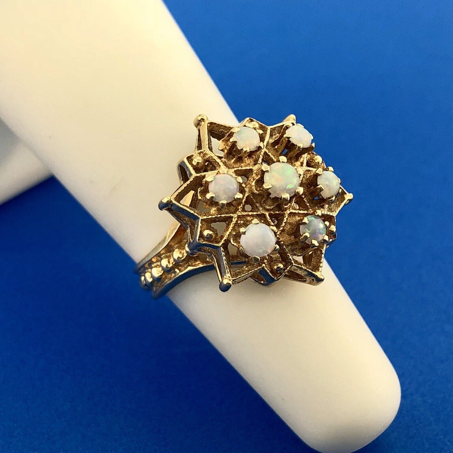 Art Nouveau 14K Yellow Gold Opal Star Flower Cluster October Etruscan Style Ring