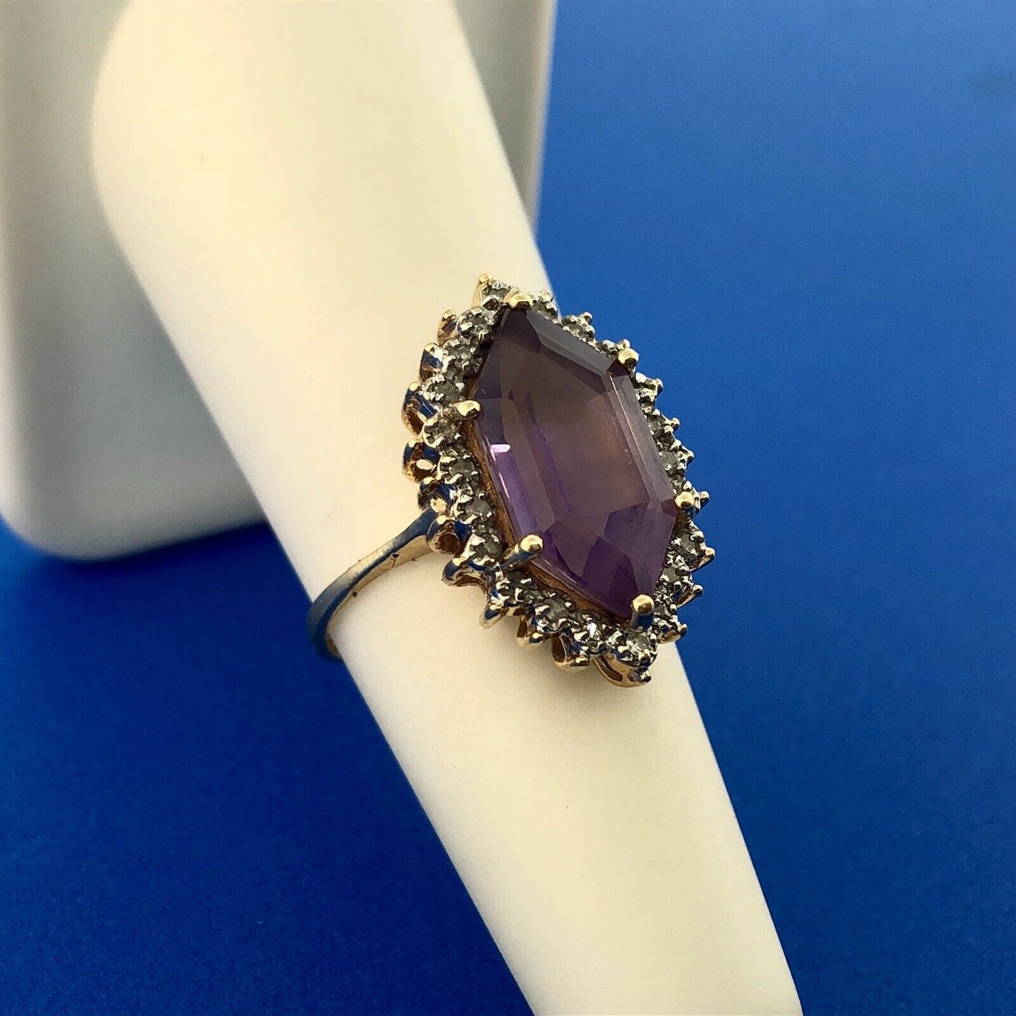 Estate 14K Yellow Gold Amethyst Diamond Halo February Anniversary Occasion Ring
