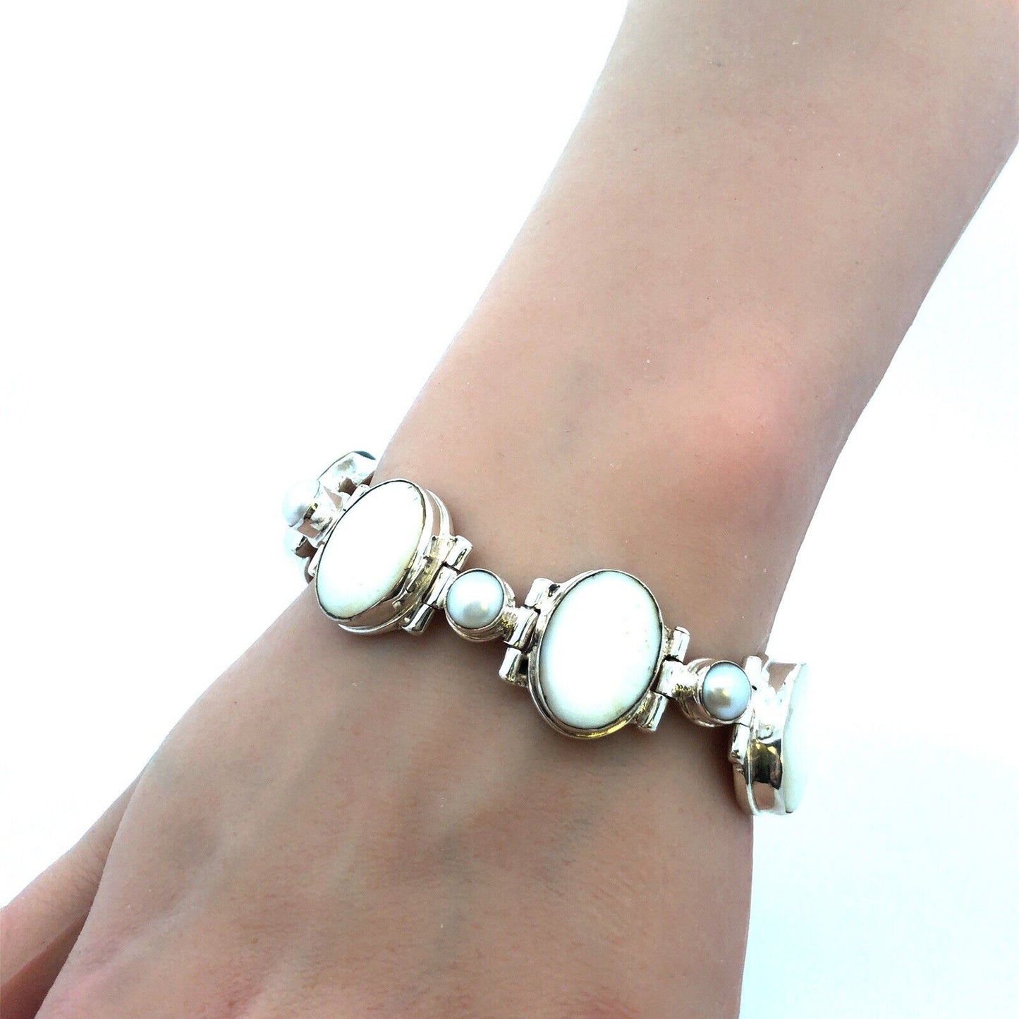 Vintage 925 Sterling Silver Oval Mother of Pearl Pearl Toggle Tennis Bracelet