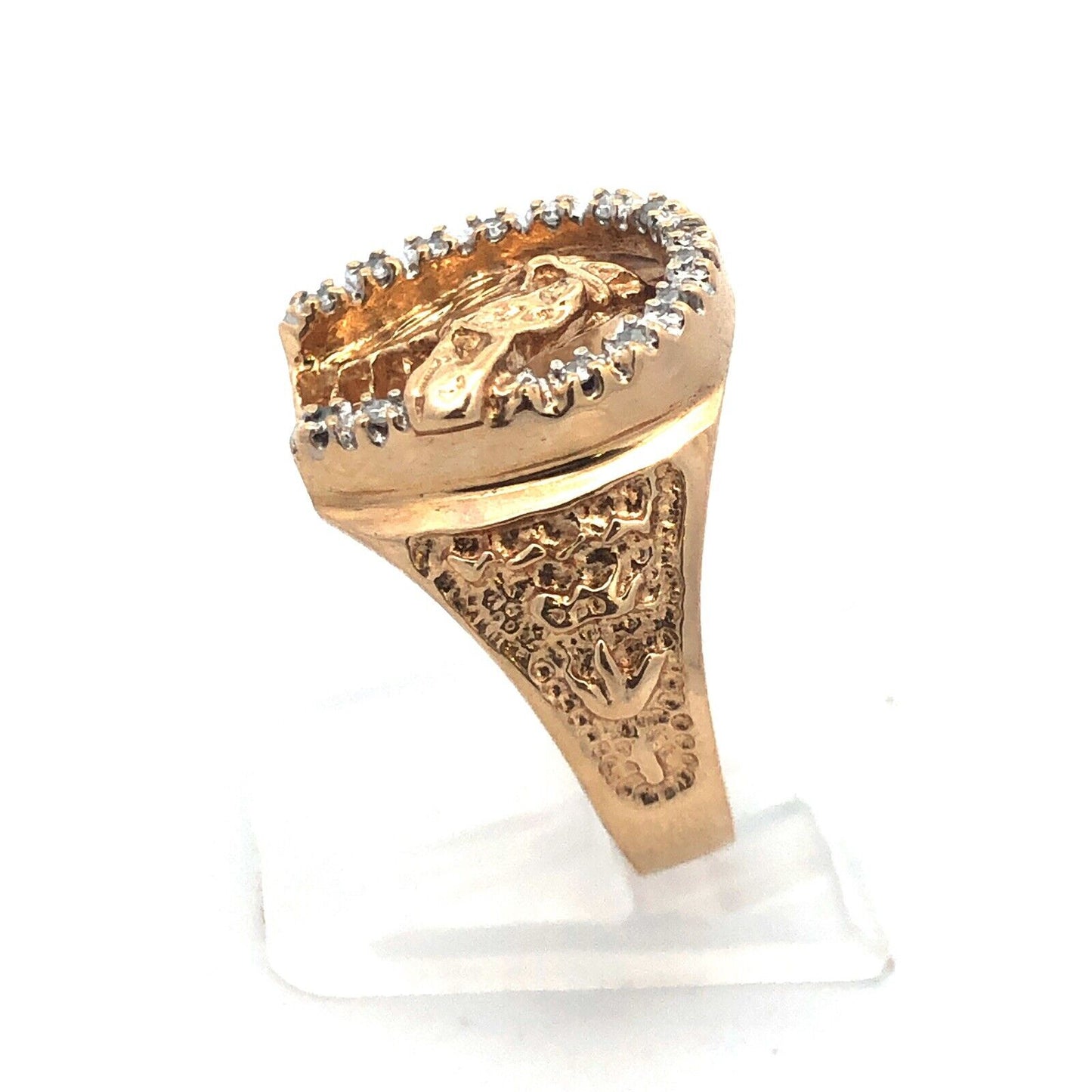 Vintage Designer 10K Yellow Gold Diamond Horse Head Horse Shoe Good Luck Ring
