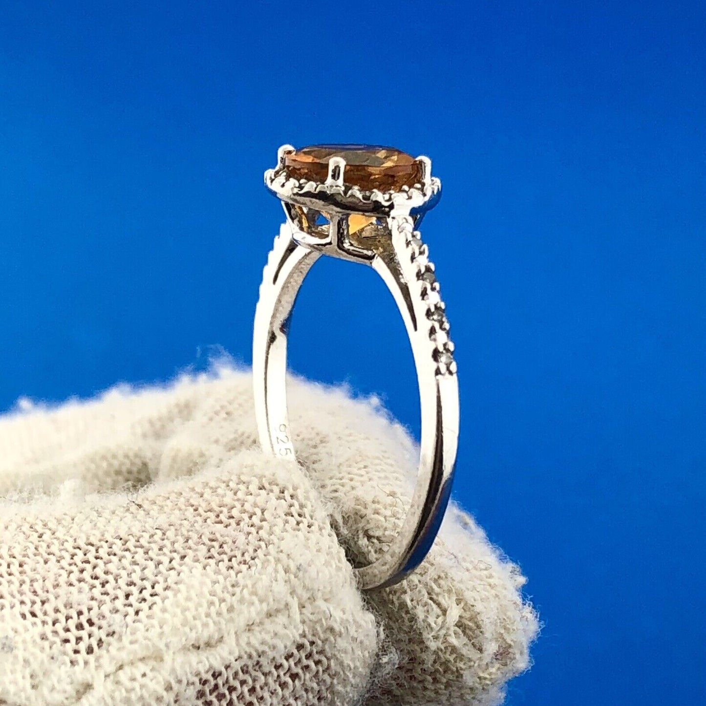 Gorgeous Sterling Silver 925 Round Cut Citrine Diamond Halo Accent Ring Size 6