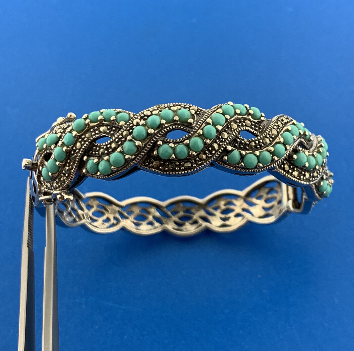 Sterling Silver 925 Turquoise Marcasite Dual Spiral 7" Hinged Cuff Bracelet
