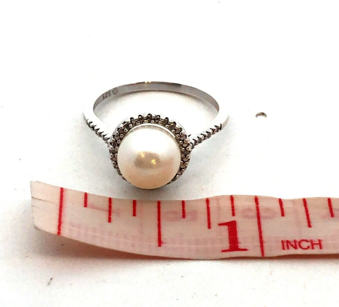Designer 925 Sterling Silver Round Pearl Diamond Halo June Anniversary Ring