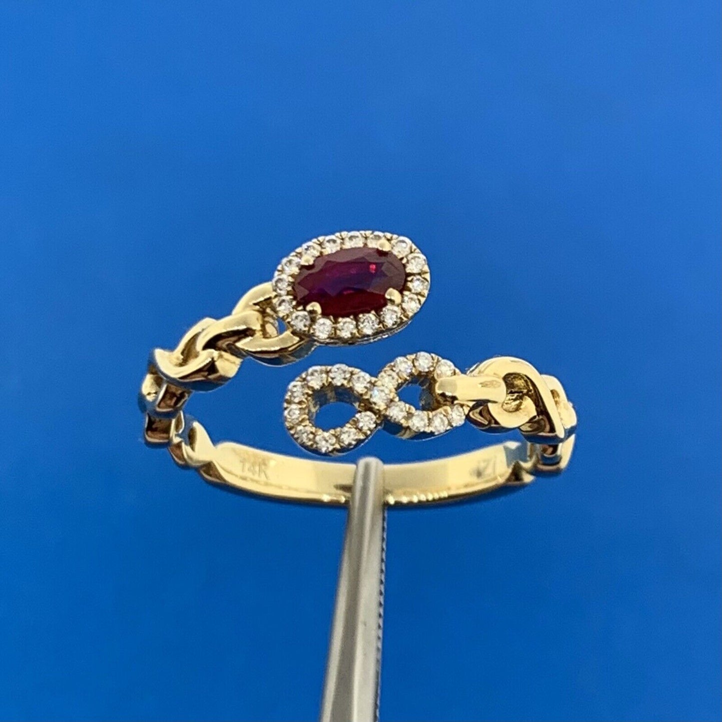 IZI Creations 14K Yellow Gold Oval Ruby Diamond Accented Open Band Bypass Ring