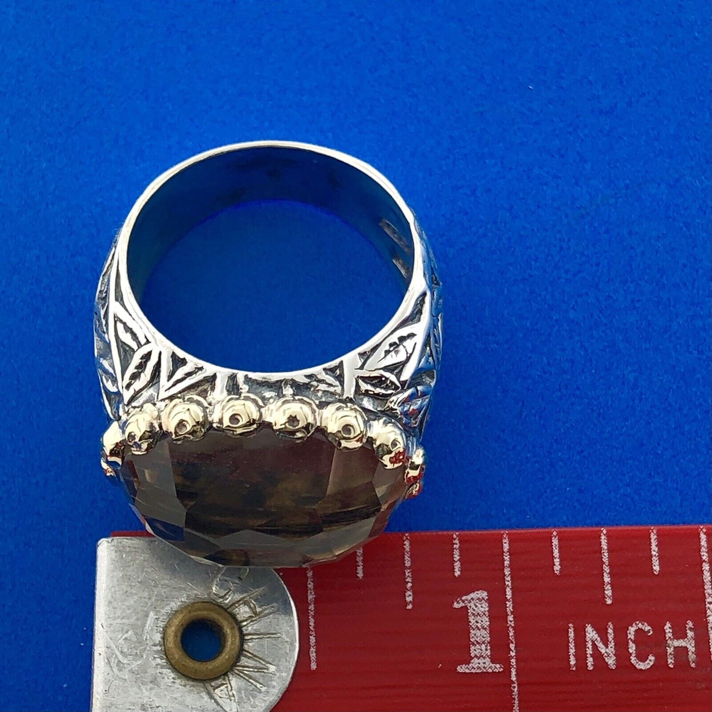 Retro 925 Sterling Silver 14K Two Toned Floral Engraved Smoky Quartz Dome Ring