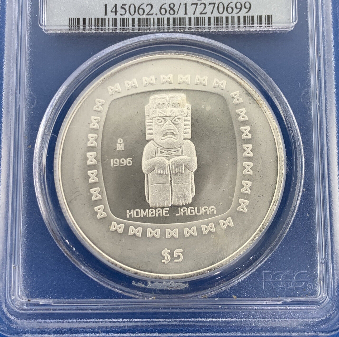 1996 Mo Mexico City 5 Peso 1 oz Silver Hombre Jaguar PCGS MS68 Mexico Coin