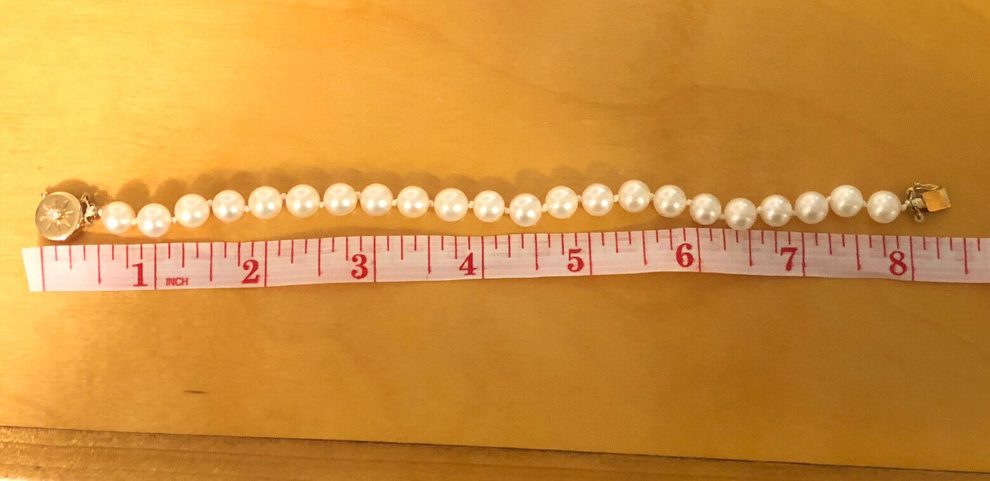 Vintage 14K Yellow Gold White Pearl Beaded Diamond Accent Bracelet