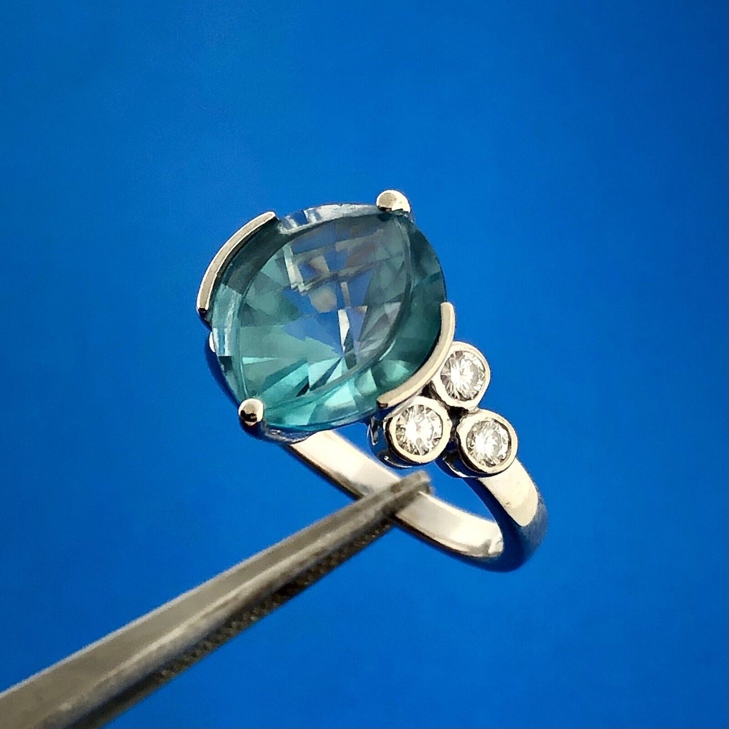 Stunning 14K White Gold Blue Topaz Diamond Accented December Anniversary Ring