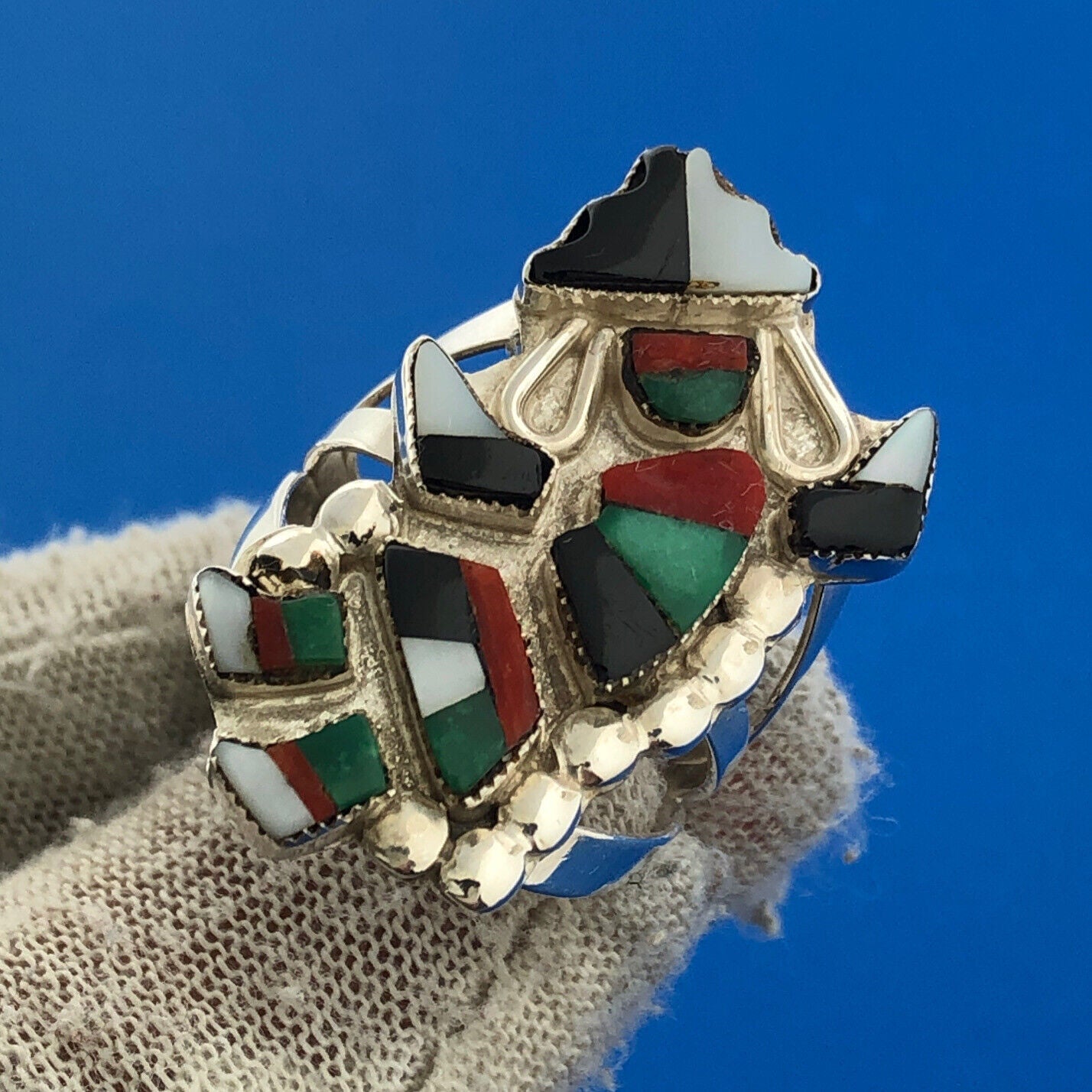 Vintage Native American Unsigned Sterling Silver Multi Stone Inlay Kachina Ring