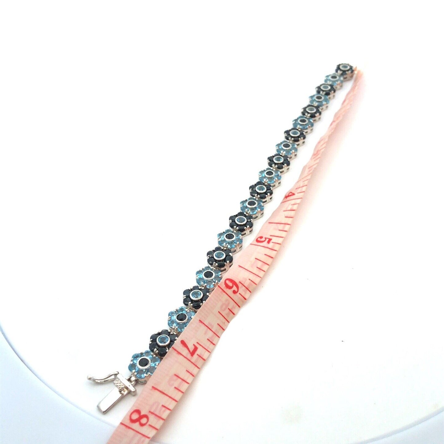 Designer 925 Sterling Silver Round Blue Topaz Sapphire Floral Tennis Bracelet