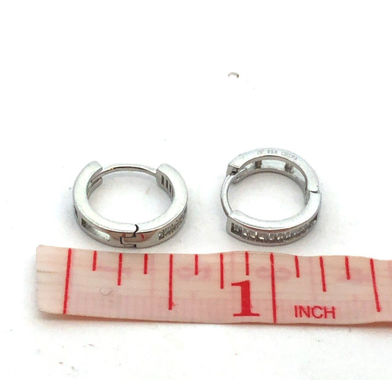 Designer N 925 Sterling Silver Baguette Cubic Zirconia CZ Huggie Hoop Earrings