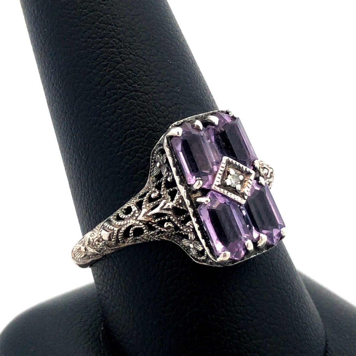 Designer CNA 925 Sterling Silver Amethyst Diamond Filigree Detail Rectangle Ring