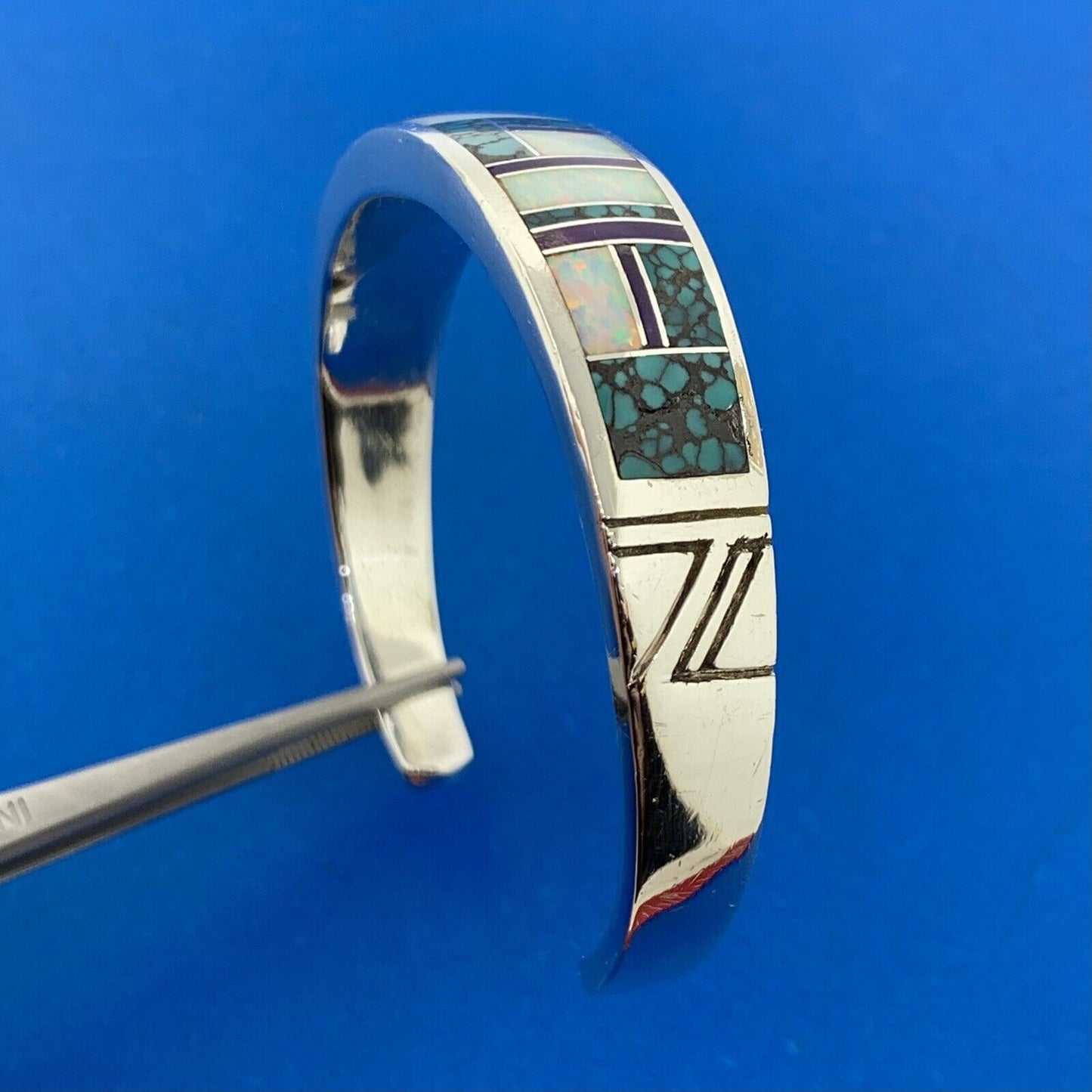 C Willie/D Rosales Sterling Silver Opal Spiderweb Turquoise Amethyst Inlay Cuff