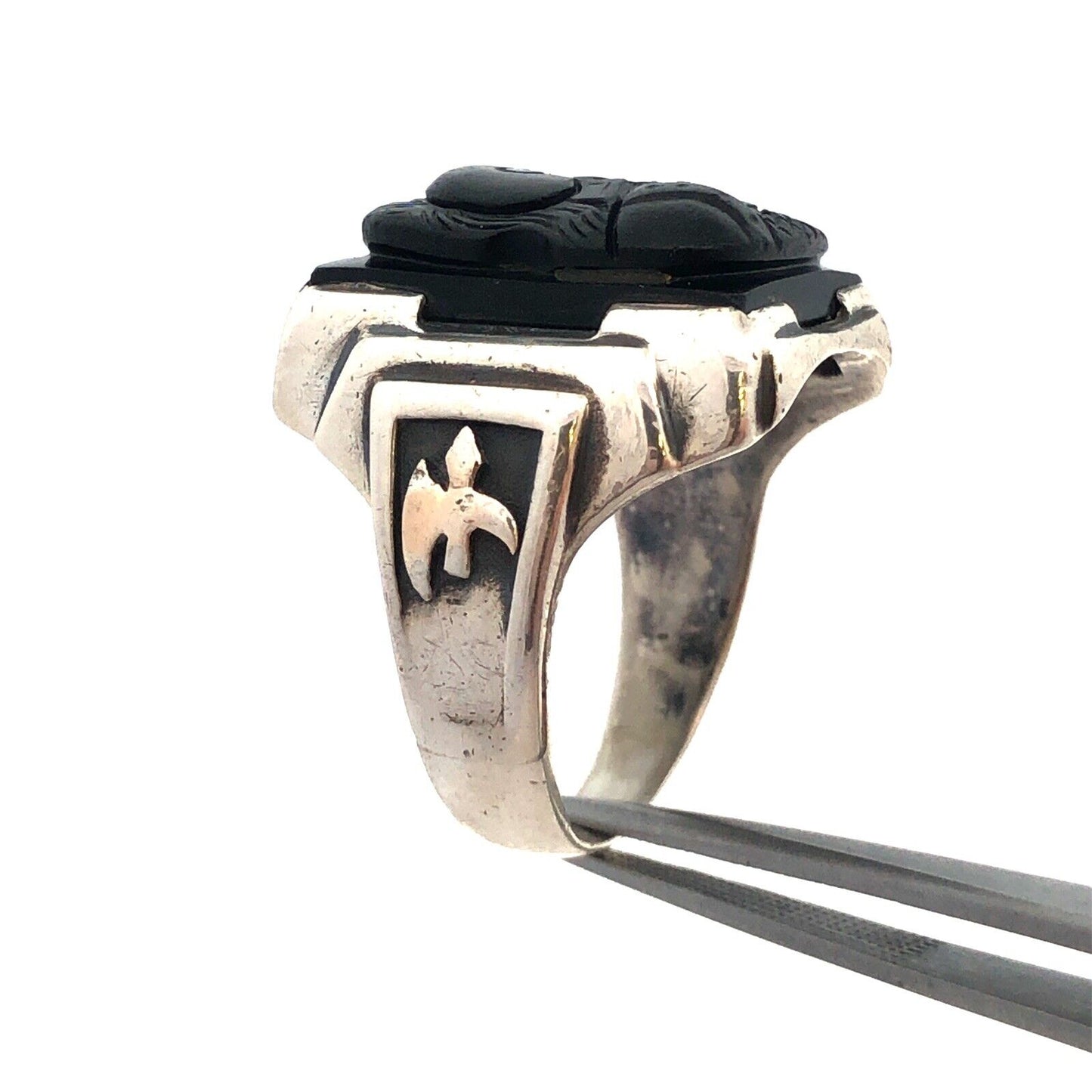 Designer G 925 Sterling Silver Carved Black Onyx Viking Roman Soldier Mens Ring