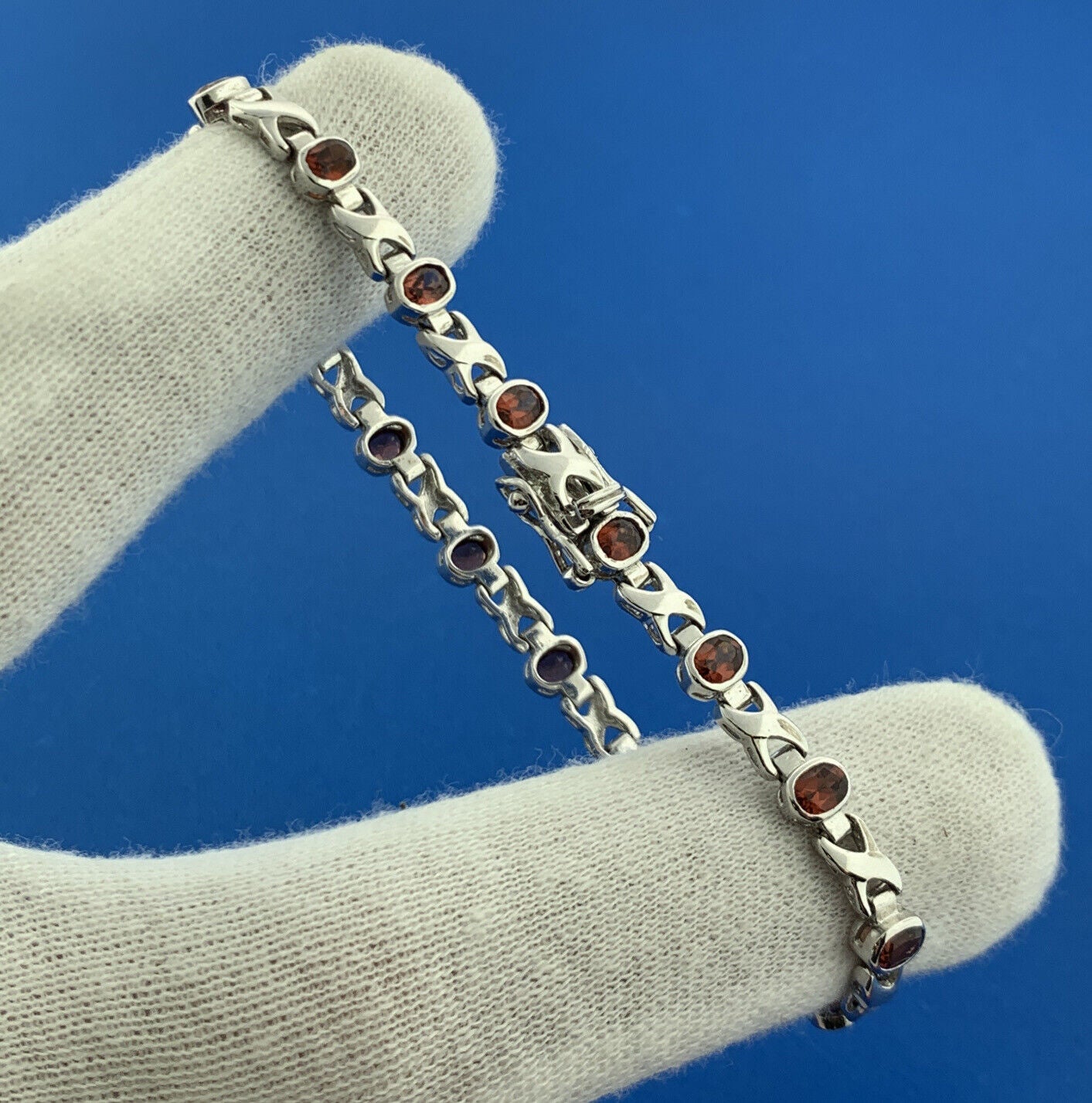 Vintage 925 Sterling Silver Oval Garnet X O January Anniversary Tennis Bracelet
