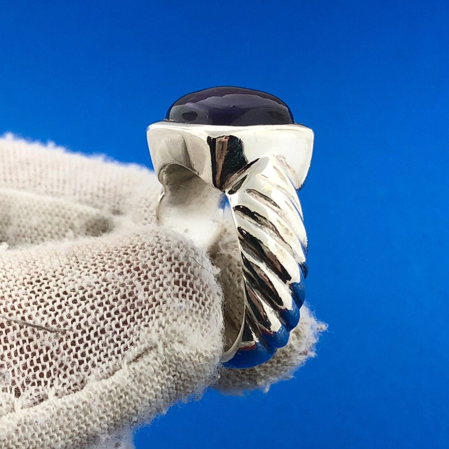 Retro 925 Sterling Silver Amethyst Cabochon Rectangle Cable Band Statement Ring