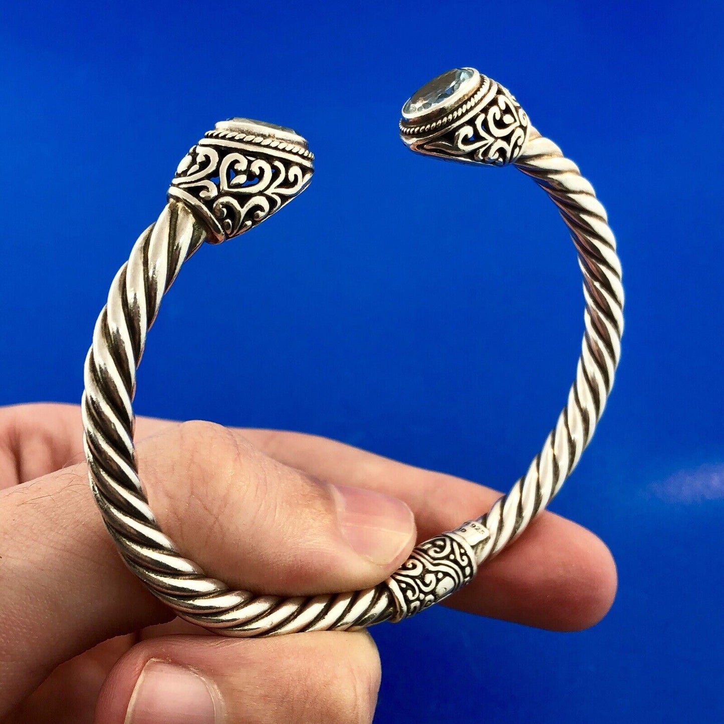 Designer ATI Sterling Silver Blue Topaz Heart Scroll Cable Hinged Cuff Bracelet