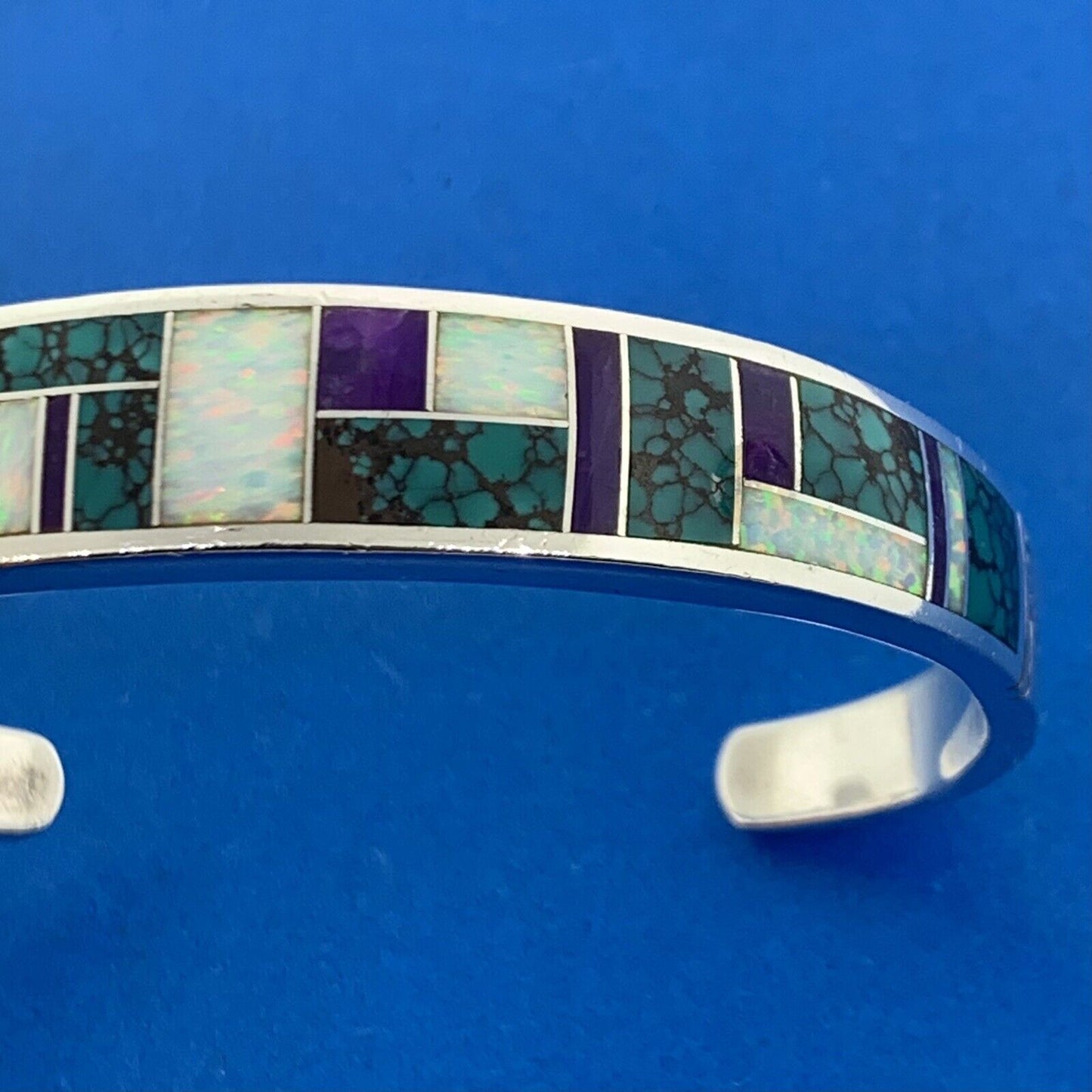 C Willie/D Rosales Sterling Silver Opal Spiderweb Turquoise Amethyst Inlay Cuff