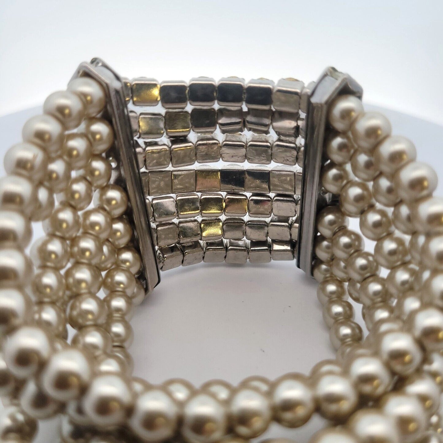 Vintage Runway Couture Silver Tone Faux Pearl Rhinestone Statement Cuff Bracelet