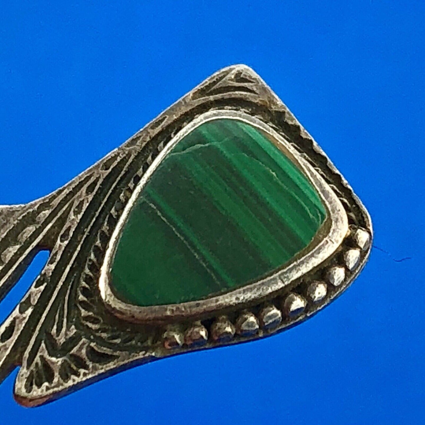 Estate Sterling Silver Malachite Trilliant Feather Wings Motif Dangle Earrings