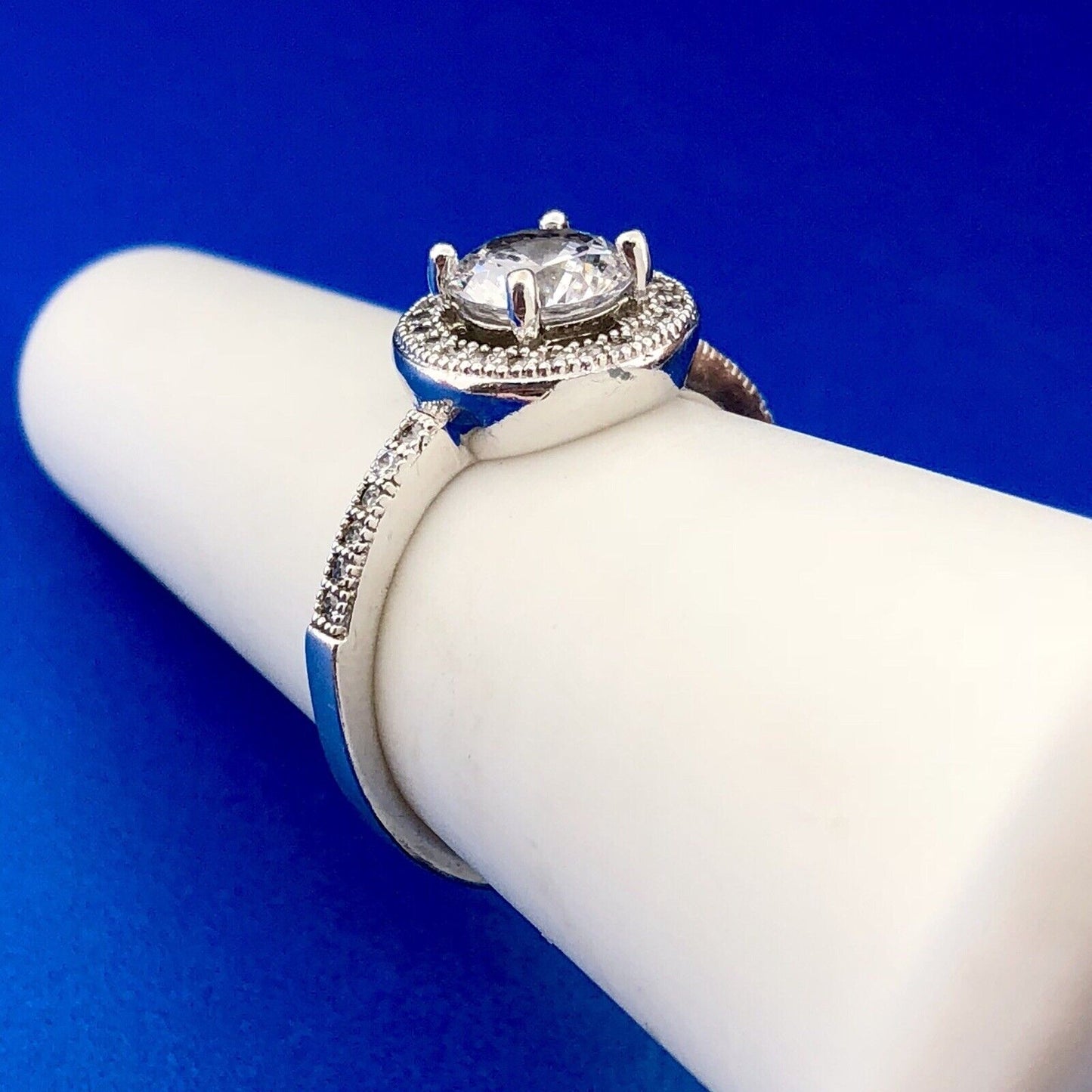 Sterling Silver 925 Cubic Zirconia CZ Solitaire Halo Engagement Ring