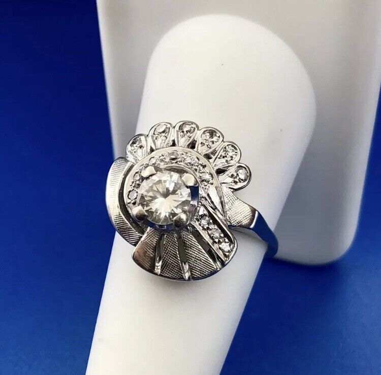 Art Deco 14K White Gold Diamond Solitaire Accents Free Form Engagement Ring