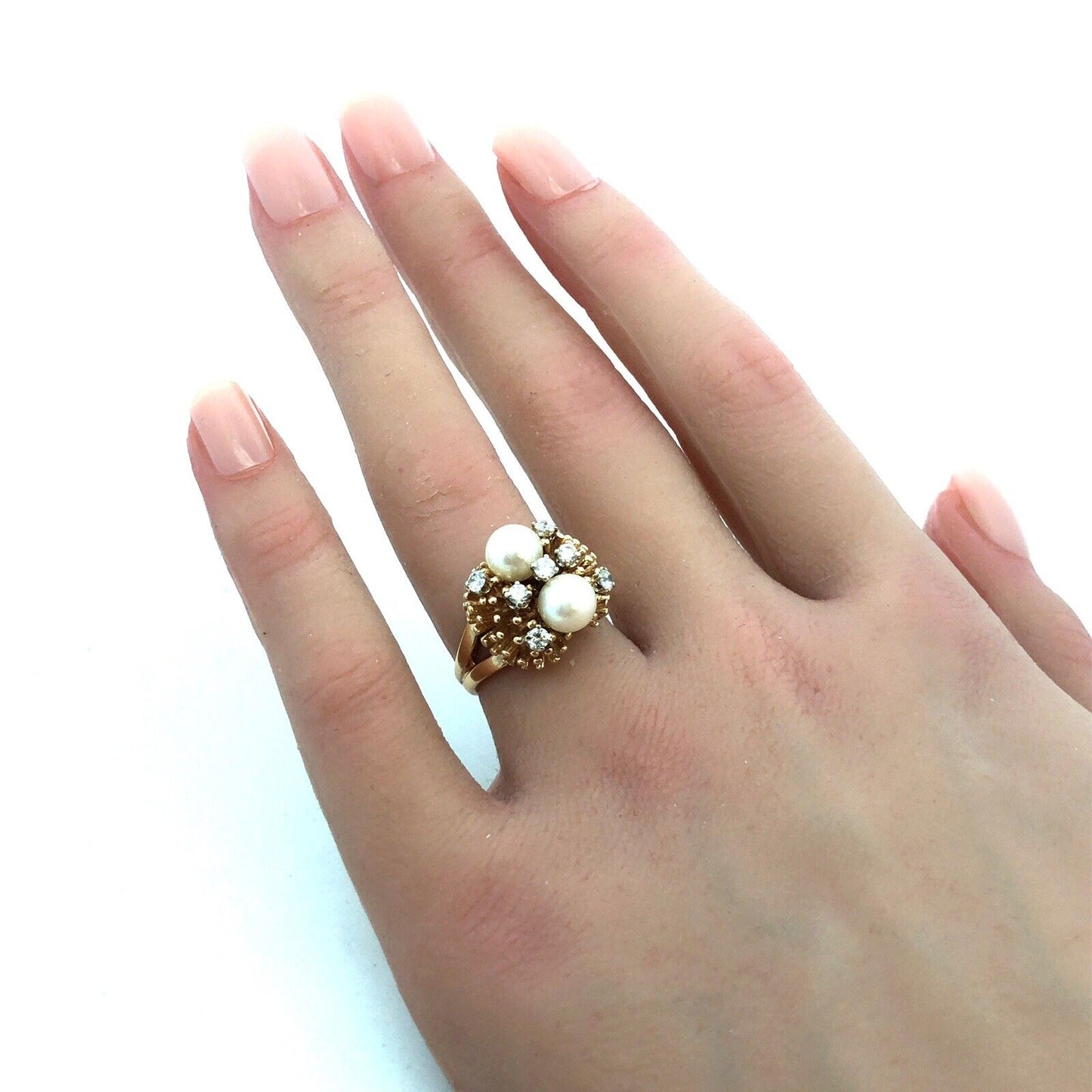 Designer EAG 14K Yellow Gold Round Pearl Diamond Textured Dome Statement Ring