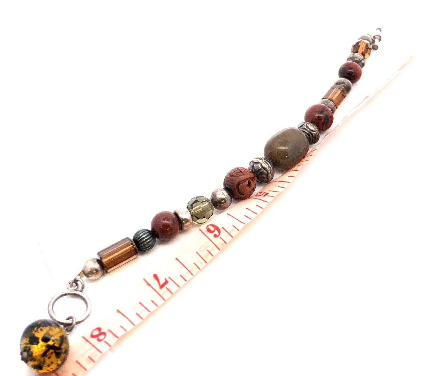 Estate 925 Sterling Silver Tigers Eye Agate Jasper Beaded Statement Bracelet
