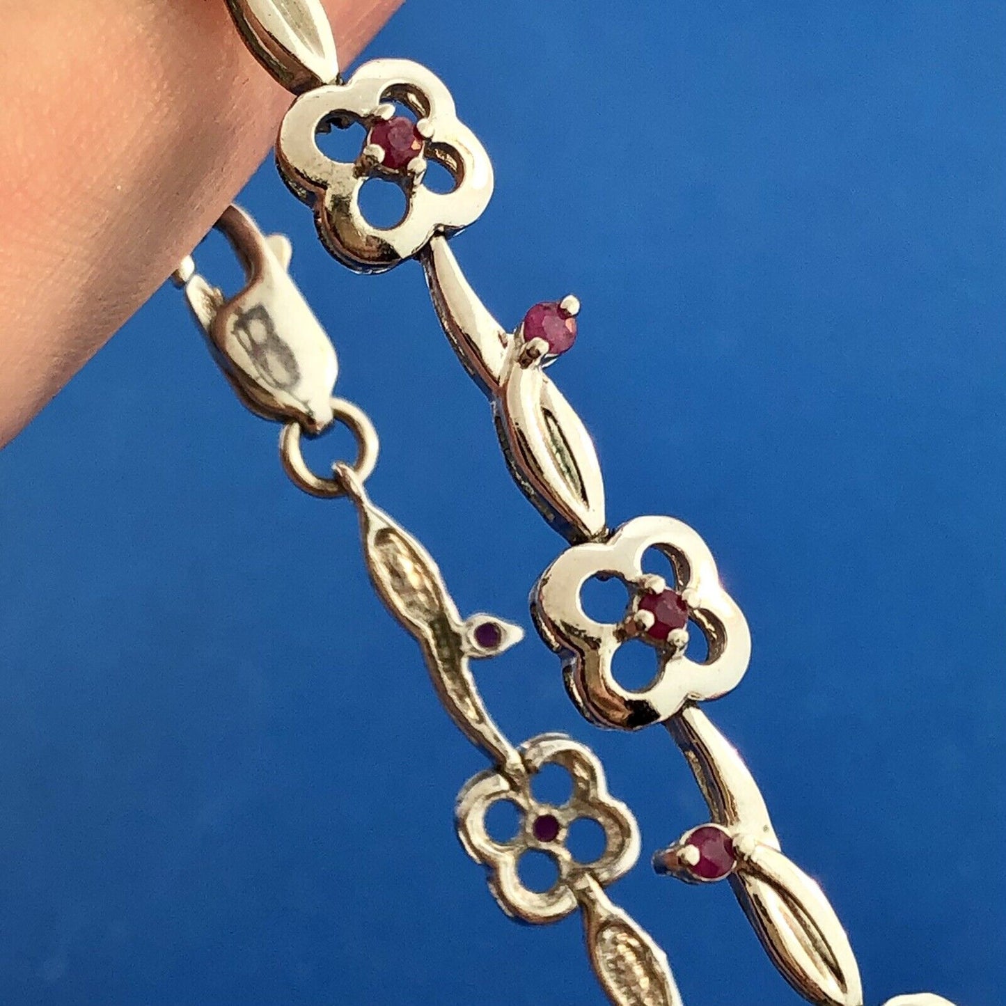 Designer 925 Sterling Silver Ruby Floral Vine July Anniversary Tennis Bracelet