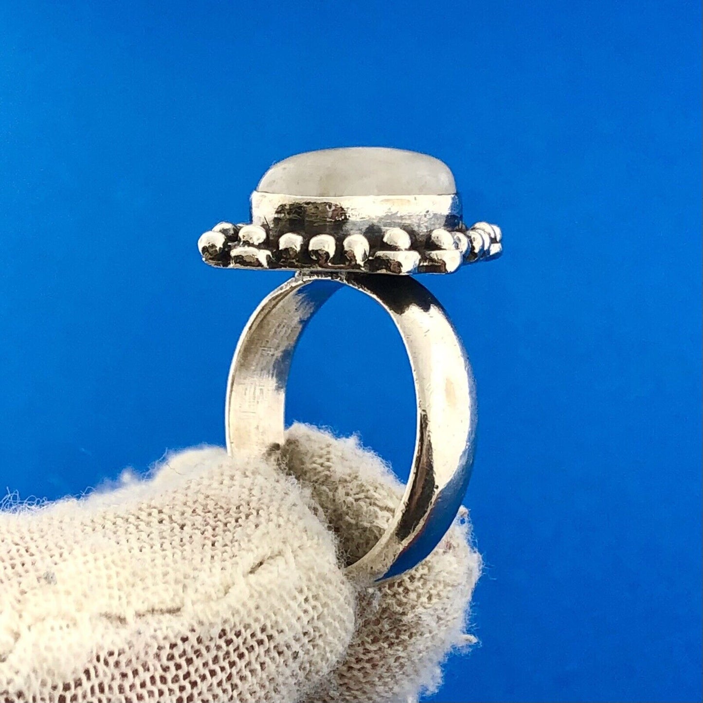 Estate 925 Sterling Silver Oval Moonstone Cabochon Beaded Style Ring