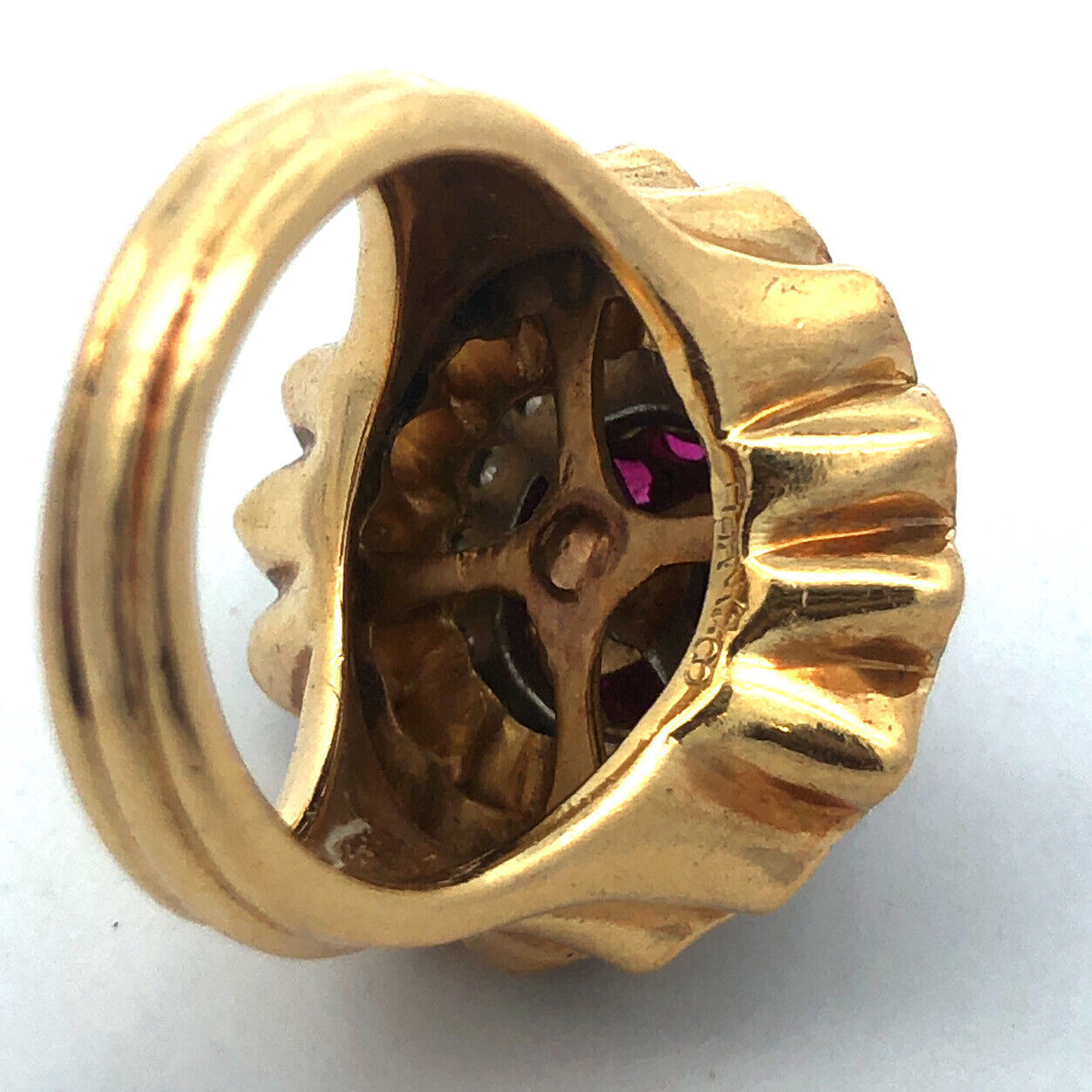 Vintage Artisan 18 Yellow Gold Ruby Diamond Cluster Dome Statement Cocktail Ring