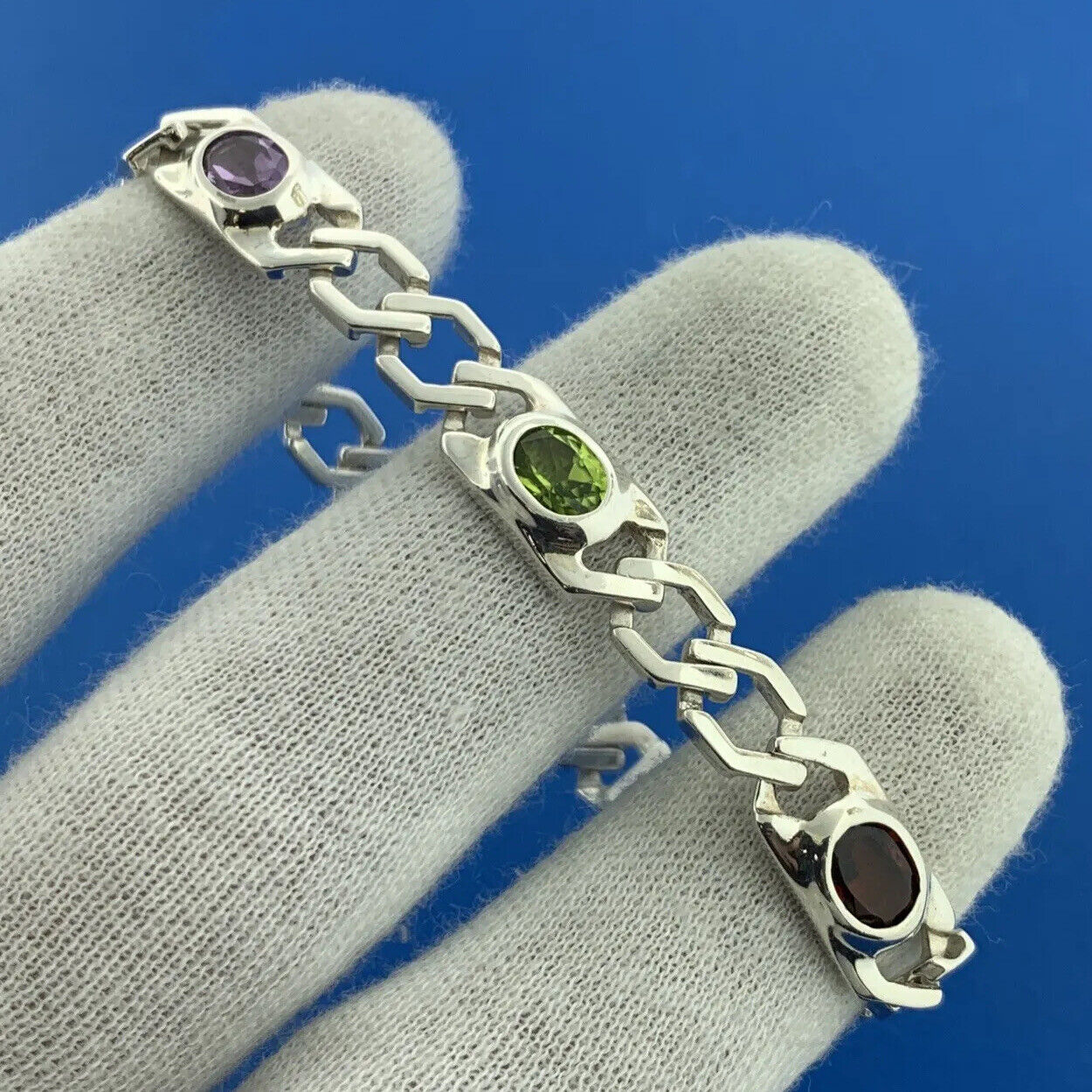 Designer 925 Sterling Silver Mixed Oval Gemstones Statement Tennis Bracelet
