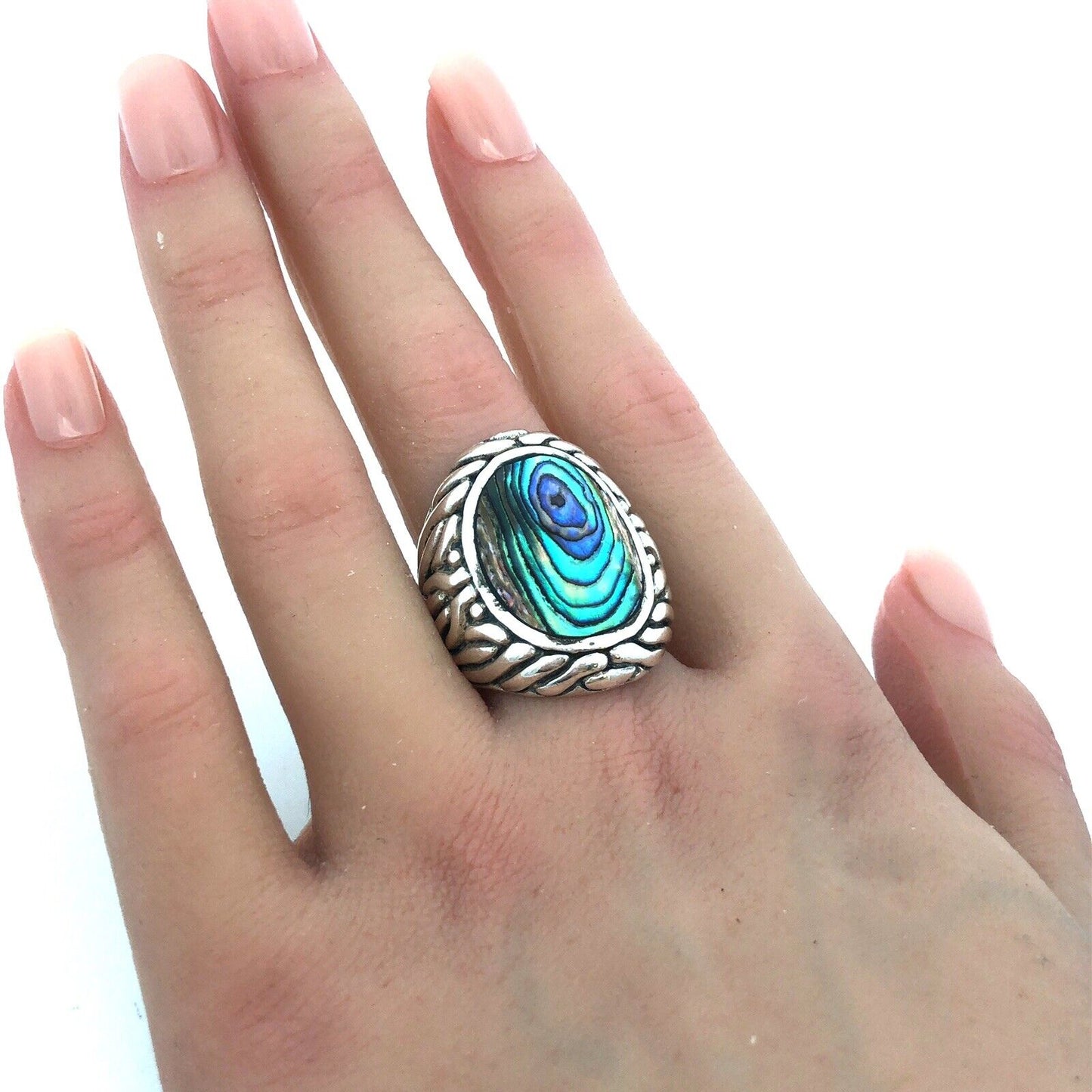 Designer CFJ 925 Sterling Silver Oval Abalone Textured Modernist Dome Ring