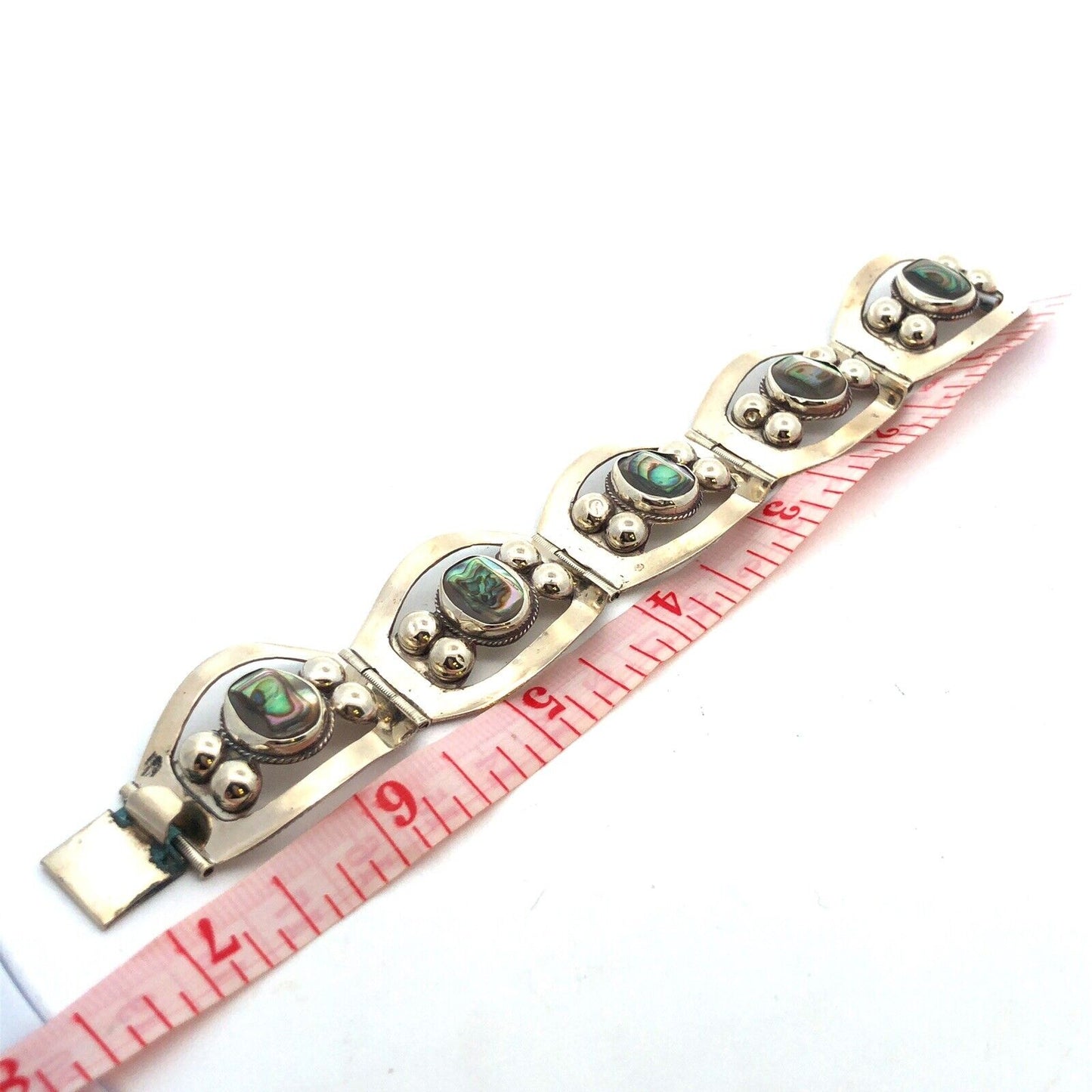 Vintage Taxco 925 Sterling Silver Oval Abalone Cabochon Statement Panel Bracelet