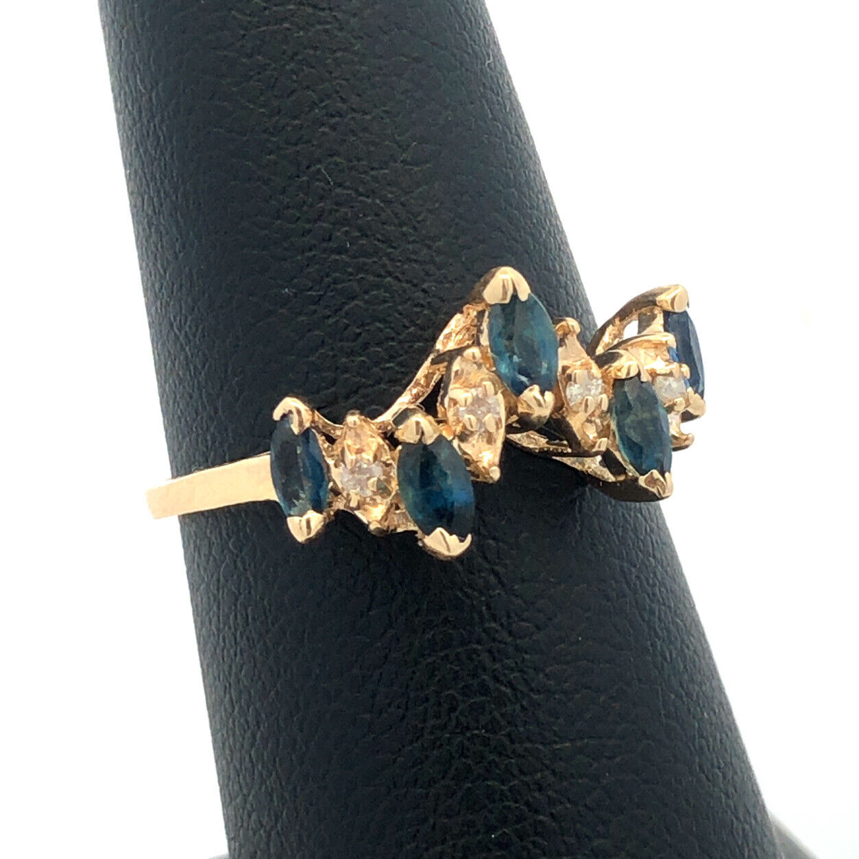 Estate 14K Yellow Gold Marquise London Blue Topaz Diamond Stacking Band Ring