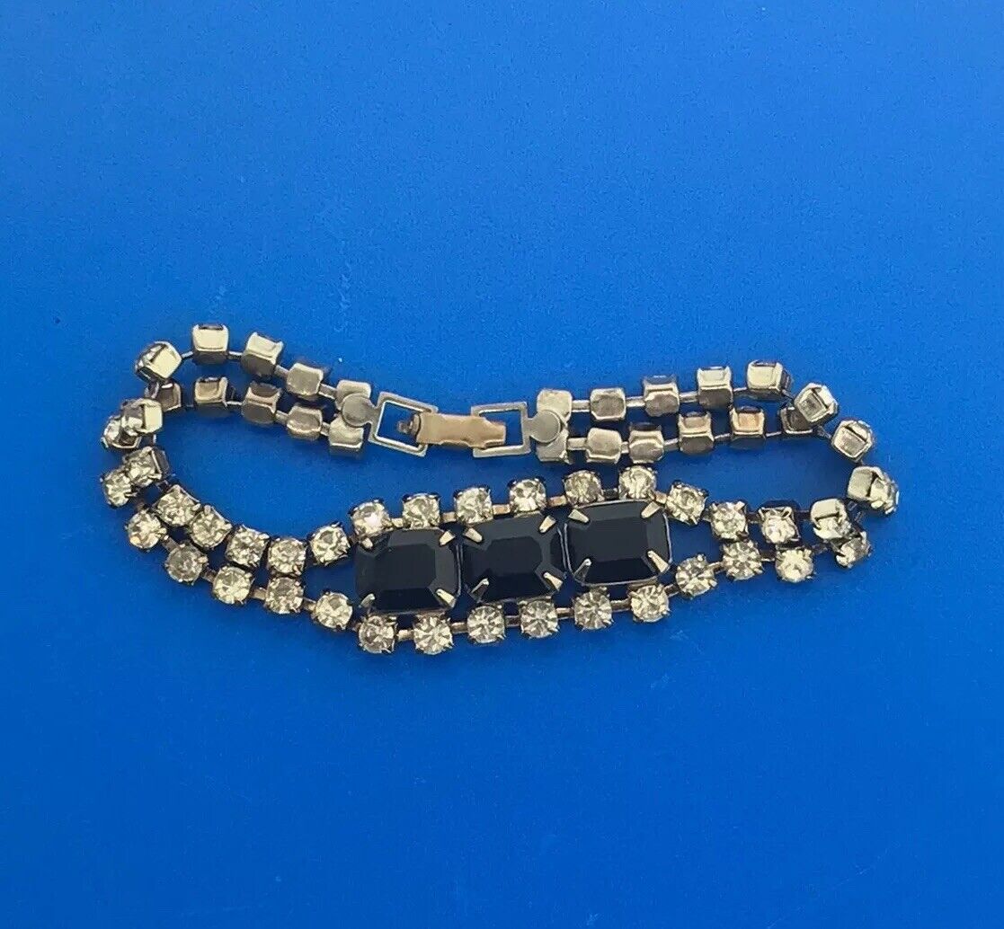 Vintage Silver Tone Rectangle Black Round White Rhinestone Runway Bracelet