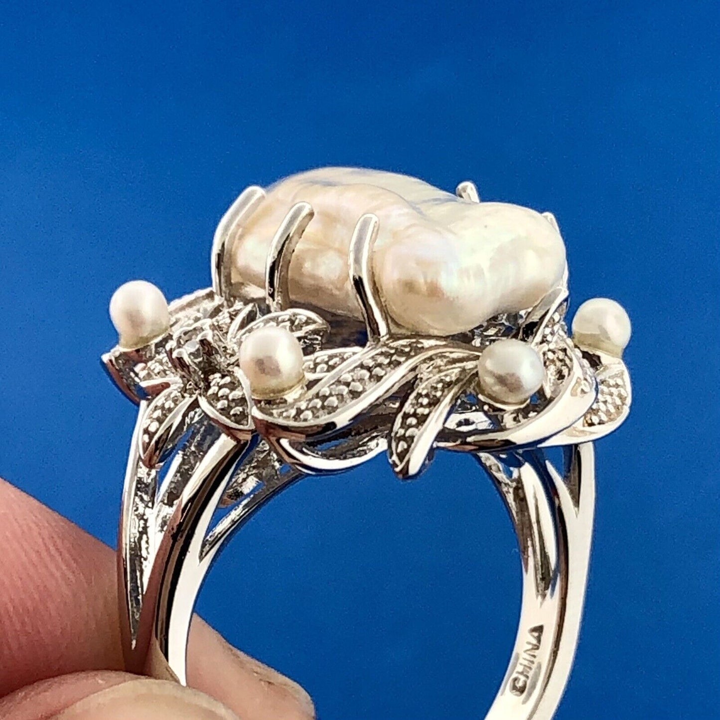 Designer HT 925 Sterling Silver Mother Of Pearl Diamond Pearl Floral Ring