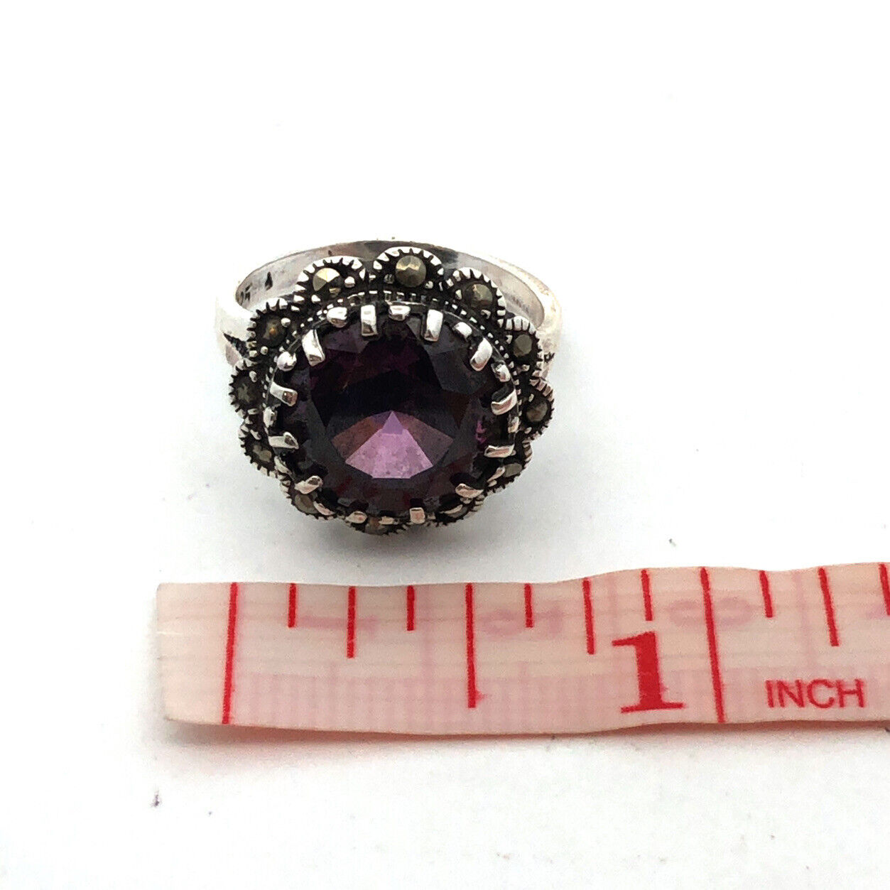 Vintage F 925 Sterling Silver Round Amethyst Marcasite Flower Cocktail Ring