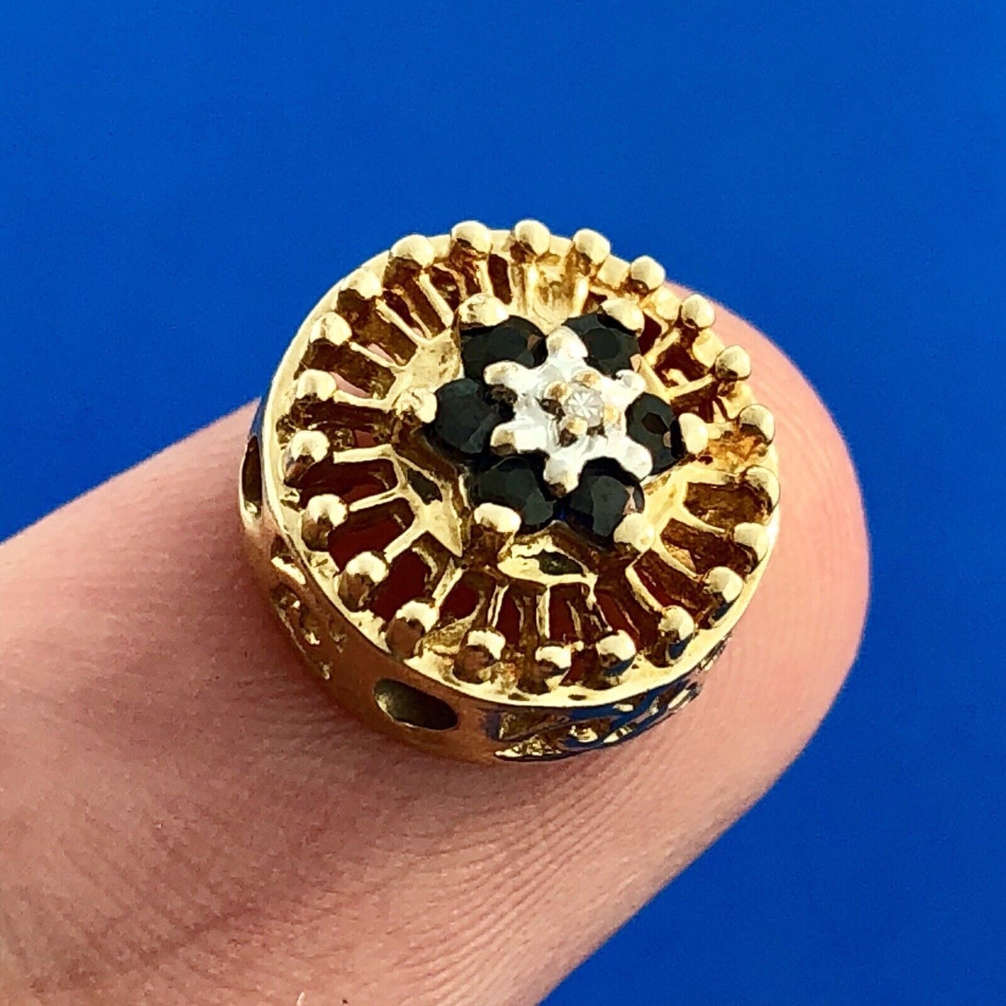 Designer OMG 10K Yellow Gold Blue Sapphire Cluster Slide Charm Diamond Accent