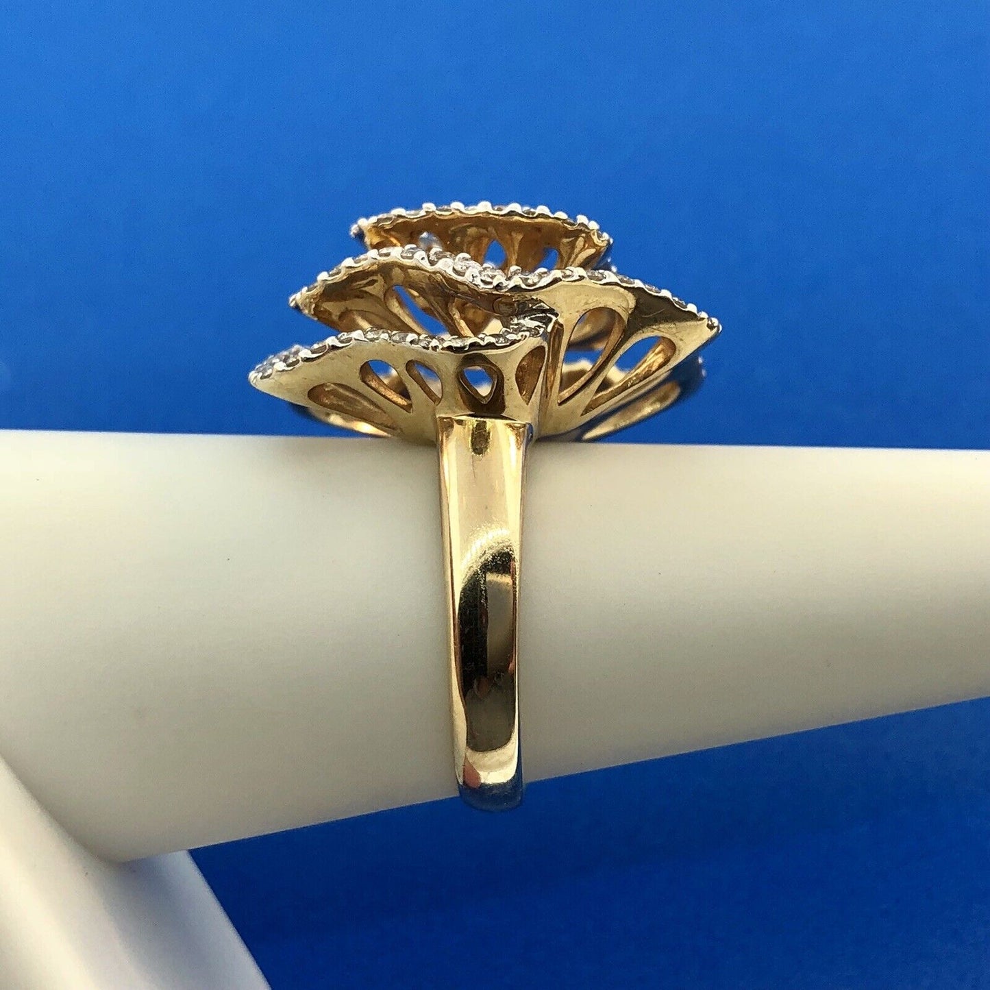 Estate 14K Yellow Gold Diamond Modernist Flower Swirl Statement Cocktail Ring