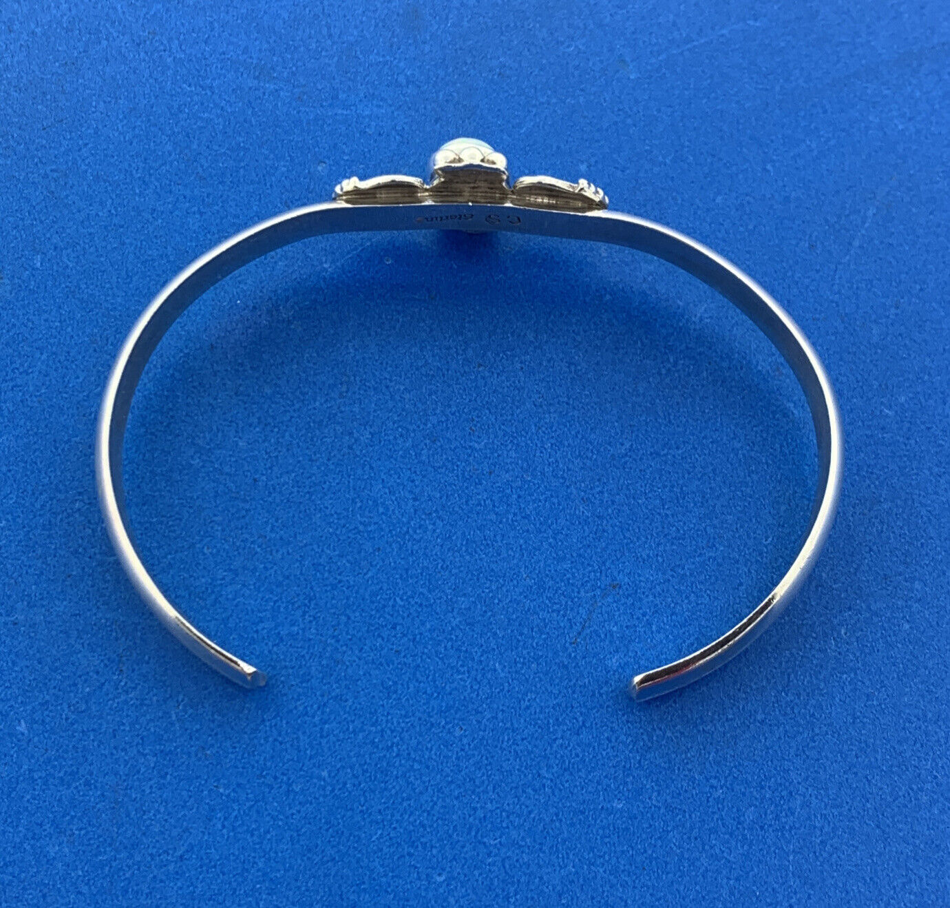 Native American CS Sterling Silver 925 Oval Synthetic Opal Heart Cuff Bracelet