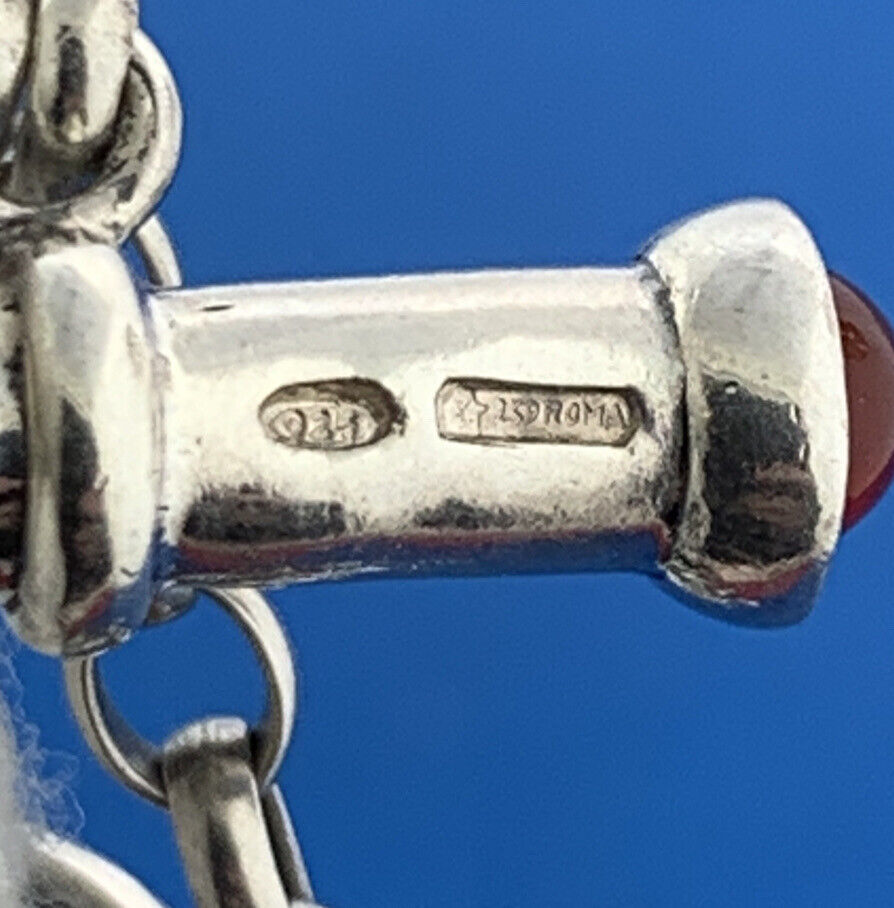 Vintage Italy Sterling Silver Red Carnelian Green Onyx Floral Toggle Bracelet