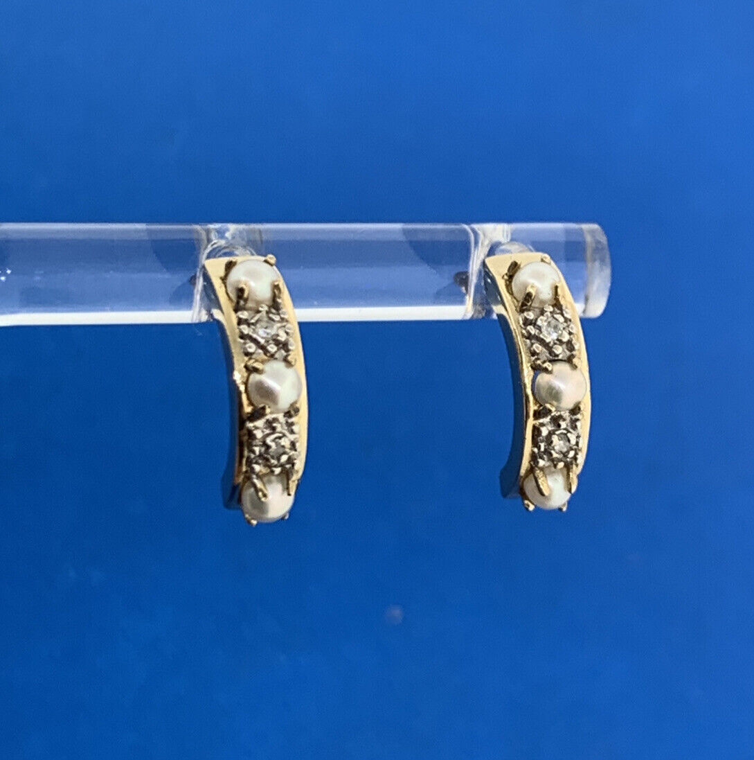 14K Yellow Gold Pearl Diamond Half Hoop Stud Earrings