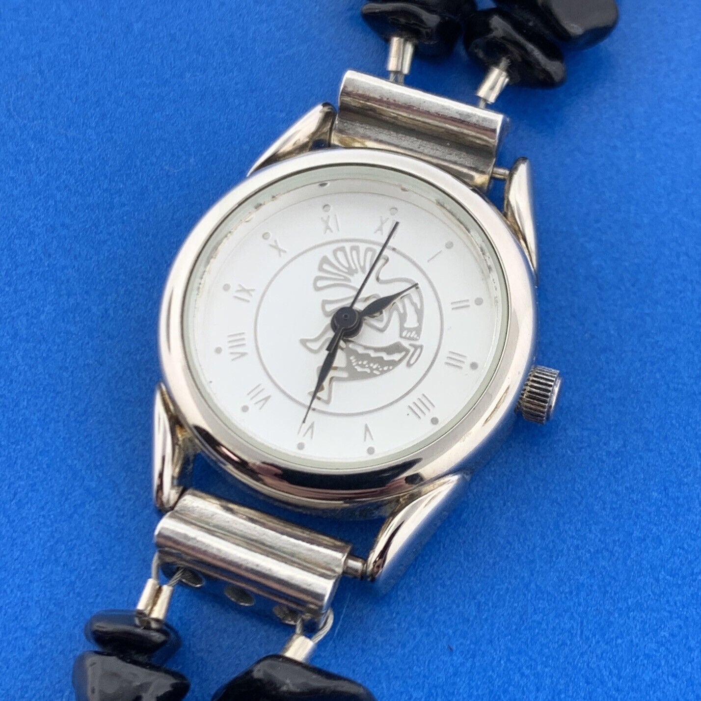 Kokopelli Dancing Flute Player 8" Black Shard Stainless Steel Wristwatch Running