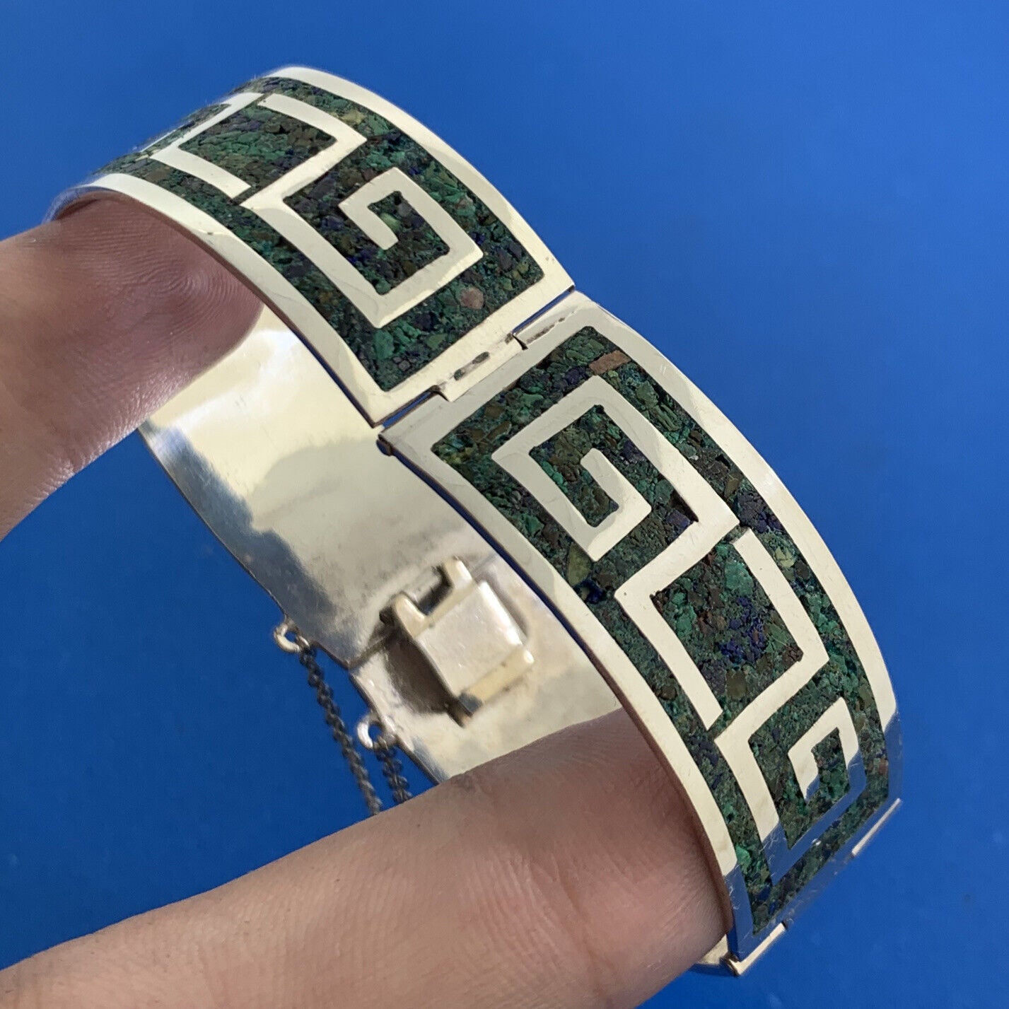 Taxco 925 Sterling Silver Mexico Turquoise Inlay Cuff Panel Bracelet