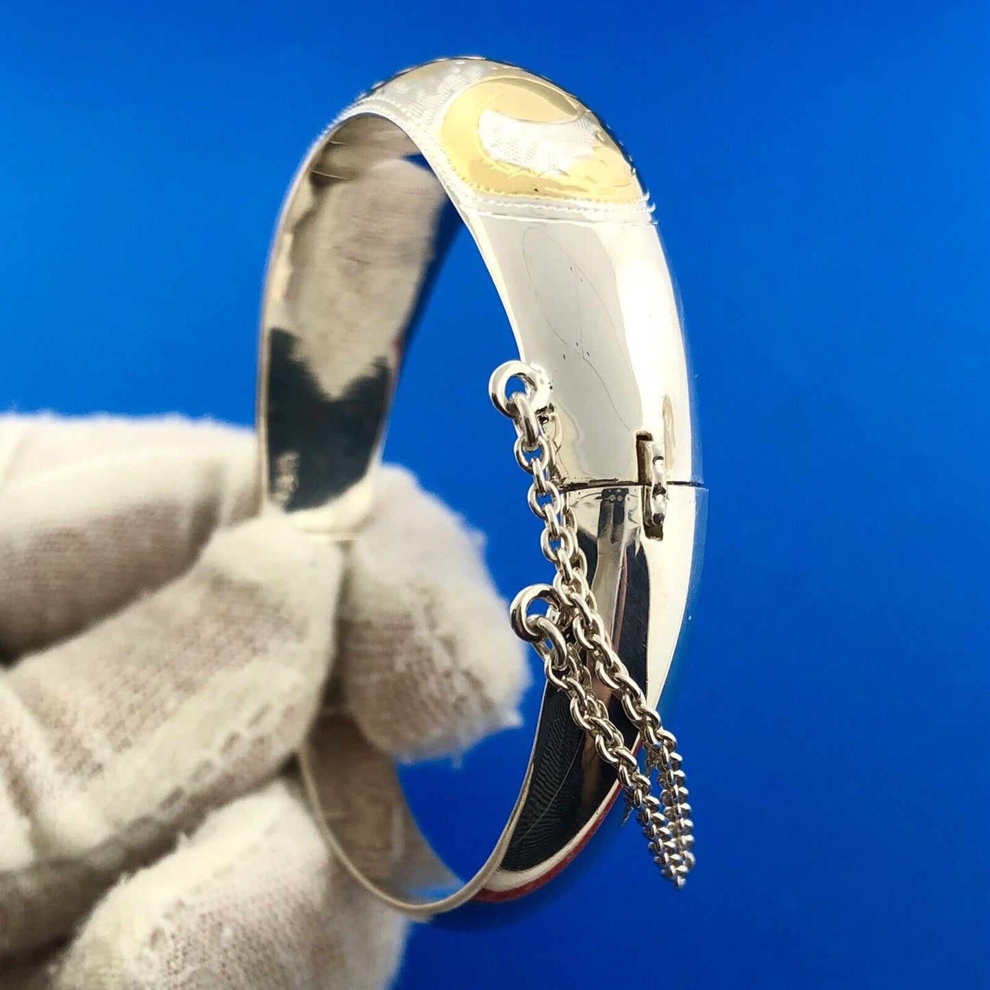 Designer CI Sterling Silver 925 Gold Two Tone Floral Scroll Hinged Cuff Bracelet