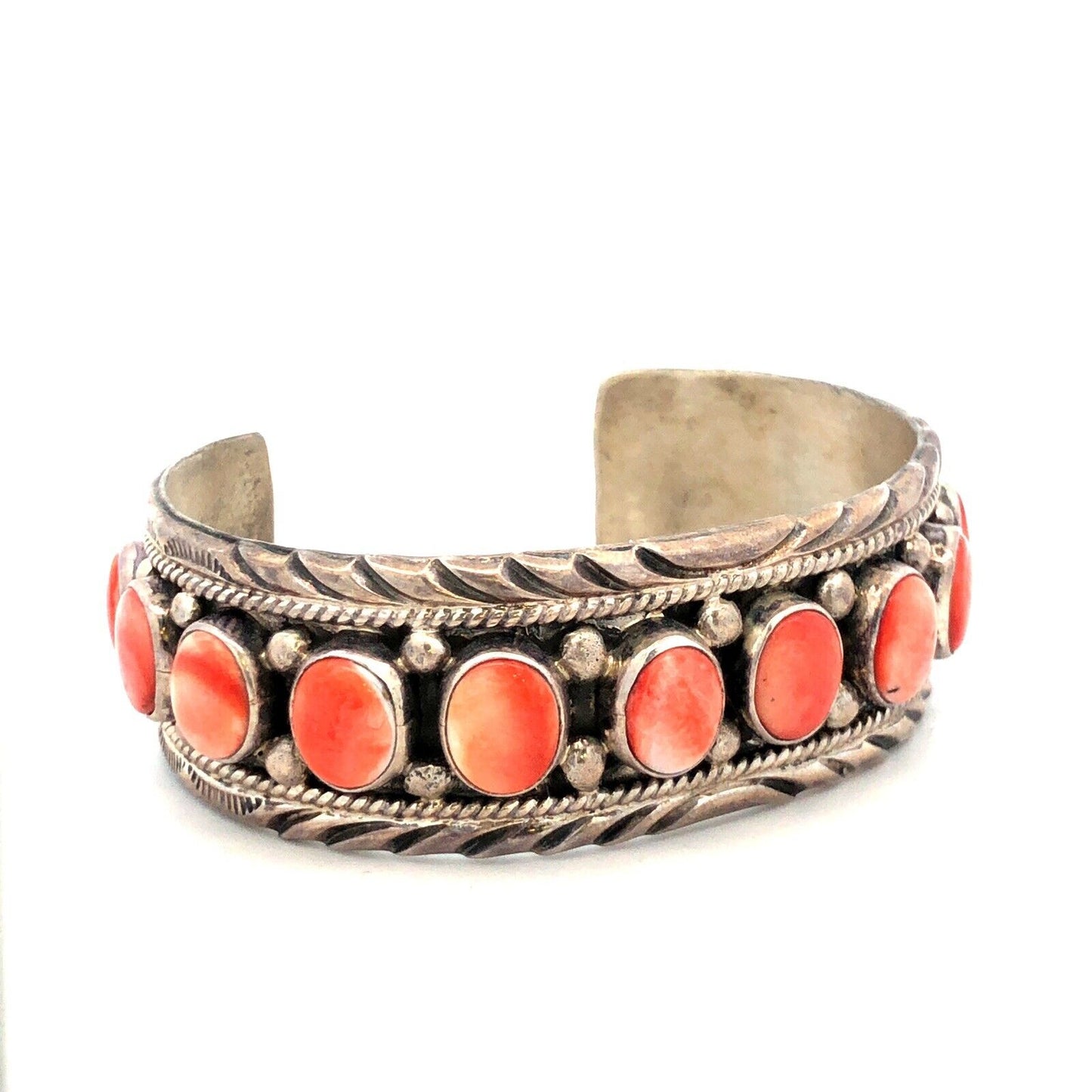 Charlene Yazzie Navajo 925 Sterling Silver Oval Spiny Oyster Open Cuff Bracelet