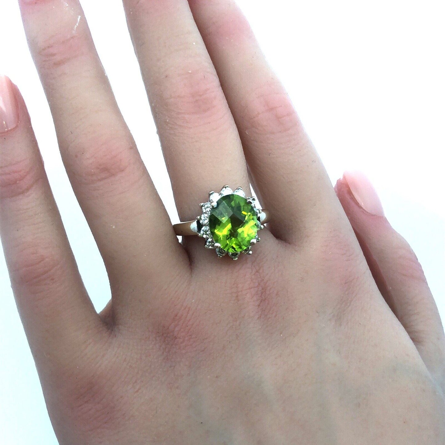 LeVian 14K White Gold Oval Cushion Green Apple Peridot Diamond Cocktail Ring