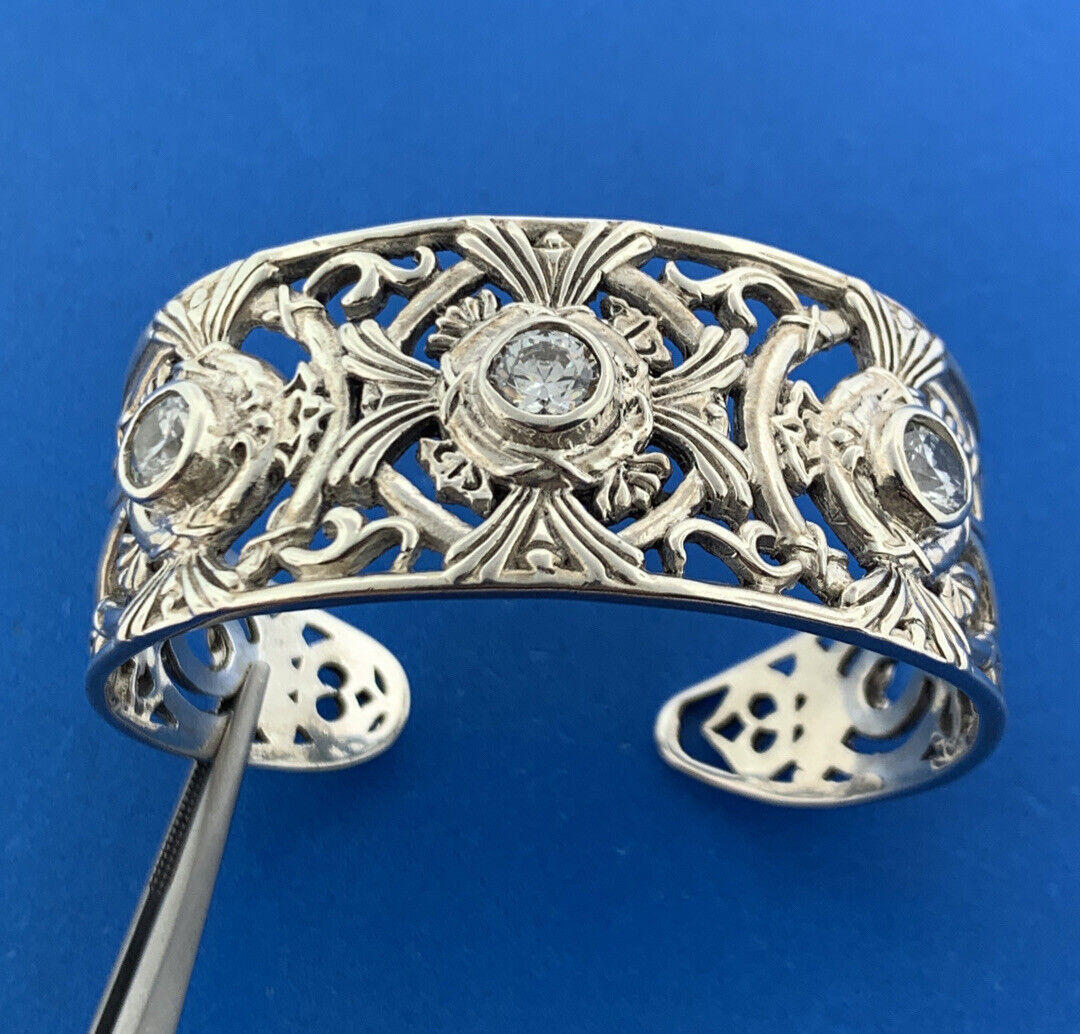 Artisan Sterling Silver Cubic Zirconia Open Scroll Work Statement Cuff Bracelet